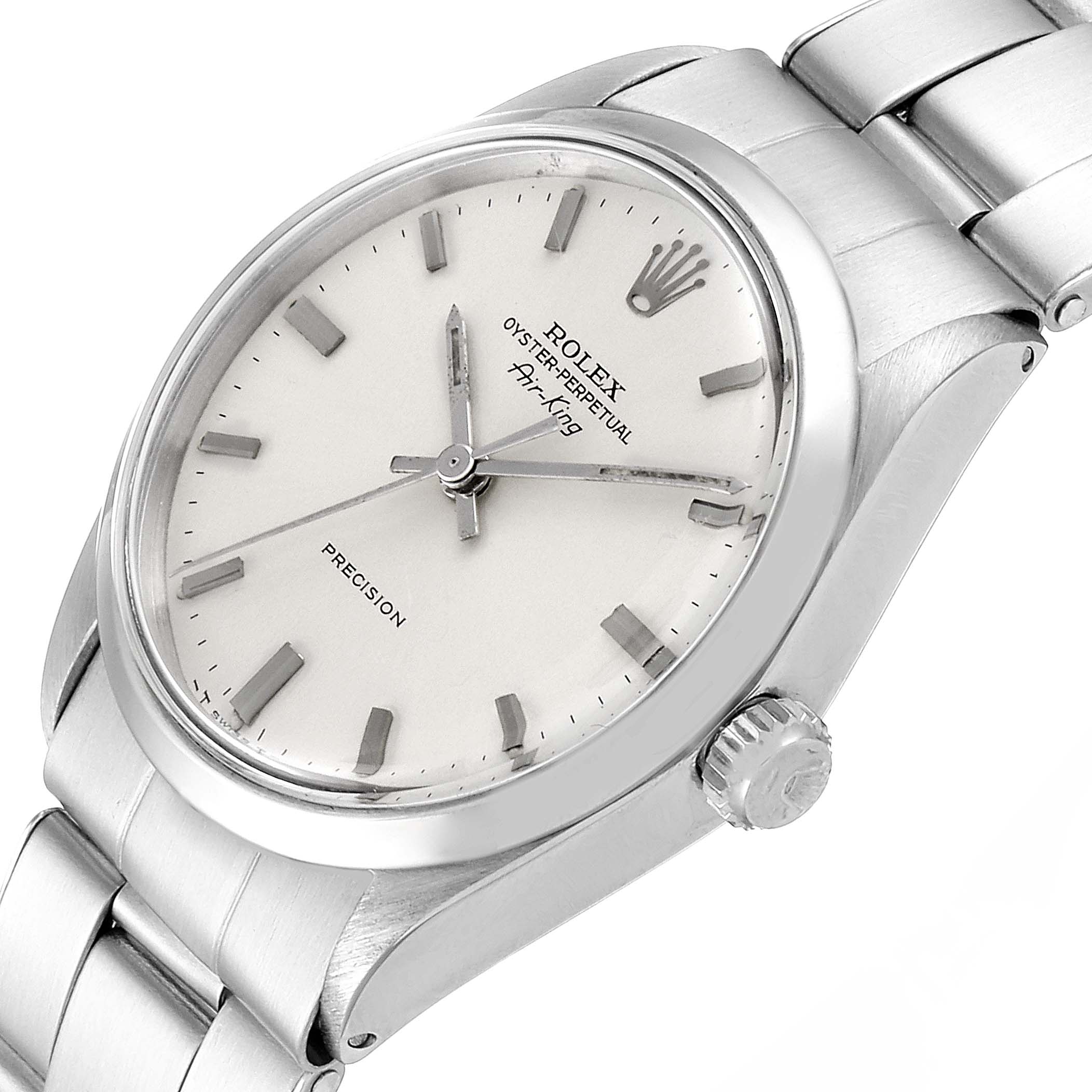 The image shows a close-up angle of the Rolex Vintage Collection 5500 Men's Stainless Steel Silver Dial 5500 Men's Stainless Steel Silver Dial watch, highlighting its dial, case, and bracelet.