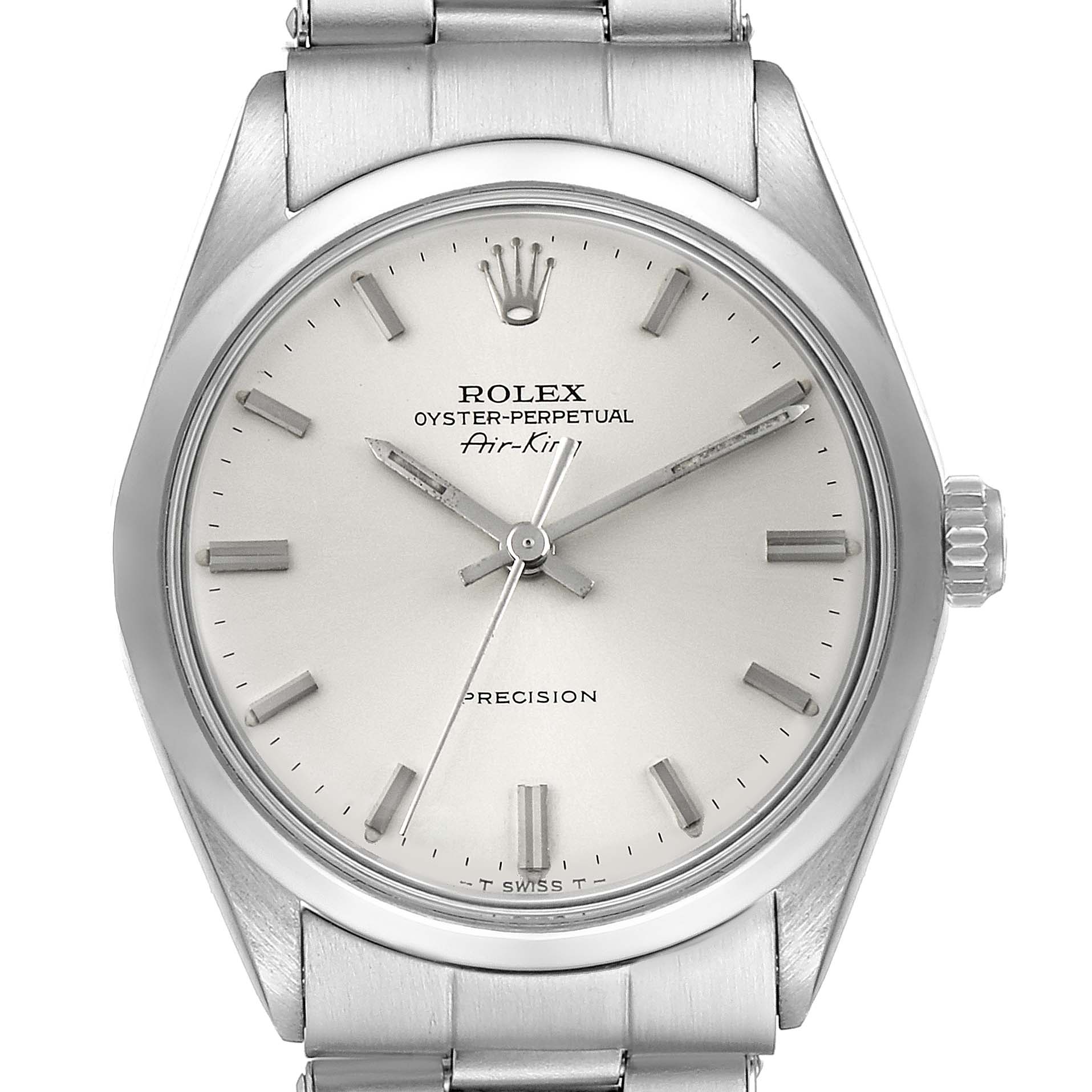 This image shows a front view of the Rolex Vintage Collection 5500 Men's Stainless Steel Silver Dial 5500 Men's Stainless Steel Silver Dial Air-King watch, displaying the dial, case, crown, and part of the metal bracelet.