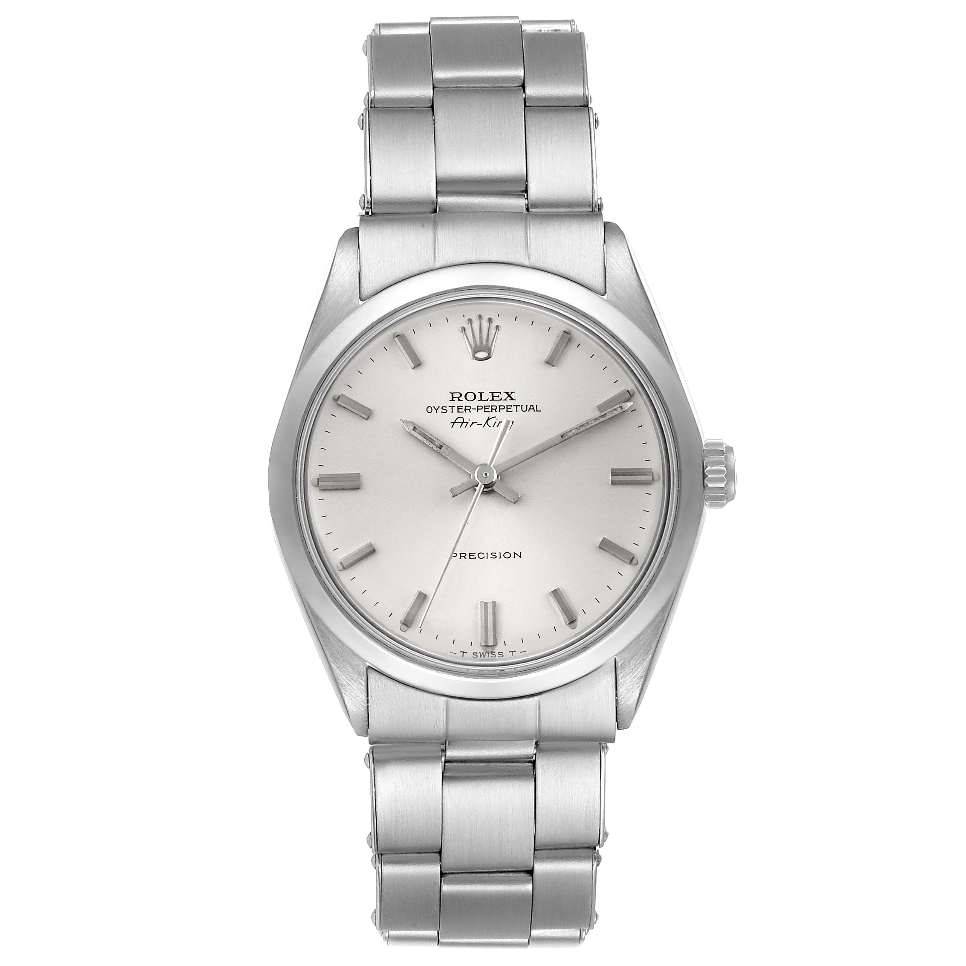 This image shows a front view of the Rolex Vintage Collection 5500 Men's Stainless Steel Silver Dial 5500 Men's Stainless Steel Silver Dial Air-King watch, displaying the dial, hands, and metal bracelet.