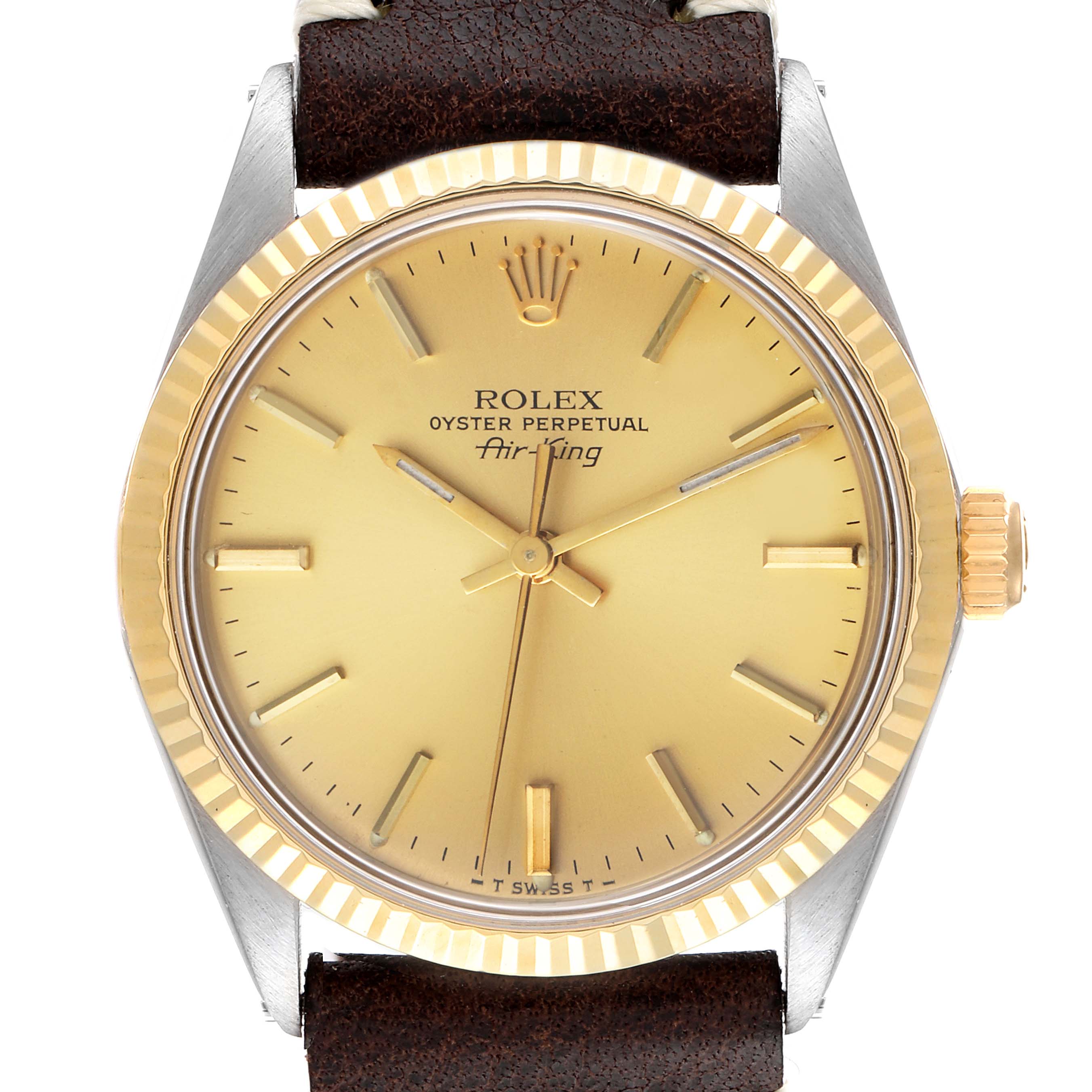 The image shows a front view of a Rolex Vintage Collection 5500 Men's Steel and Gold (two tone) Champagne Dial 5500 Men's Steel and Gold (two tone) Champagne Dial Oyster Perpetual Air-King watch with a gold dial and brown leather strap.