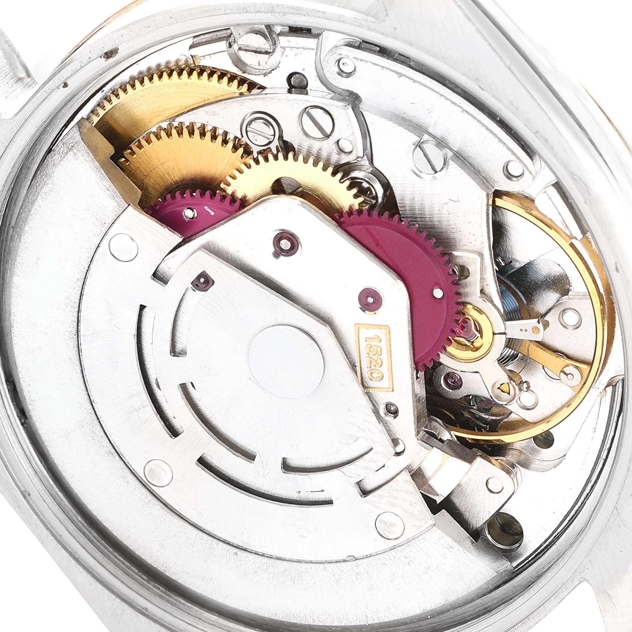 The image shows the internal mechanical movement of the Rolex Vintage Collection 5500 Men's Steel and Gold (two tone) Champagne Dial 5500 Men's Steel and Gold (two tone) Champagne Dial watch, showcasing gears and components in close-up.