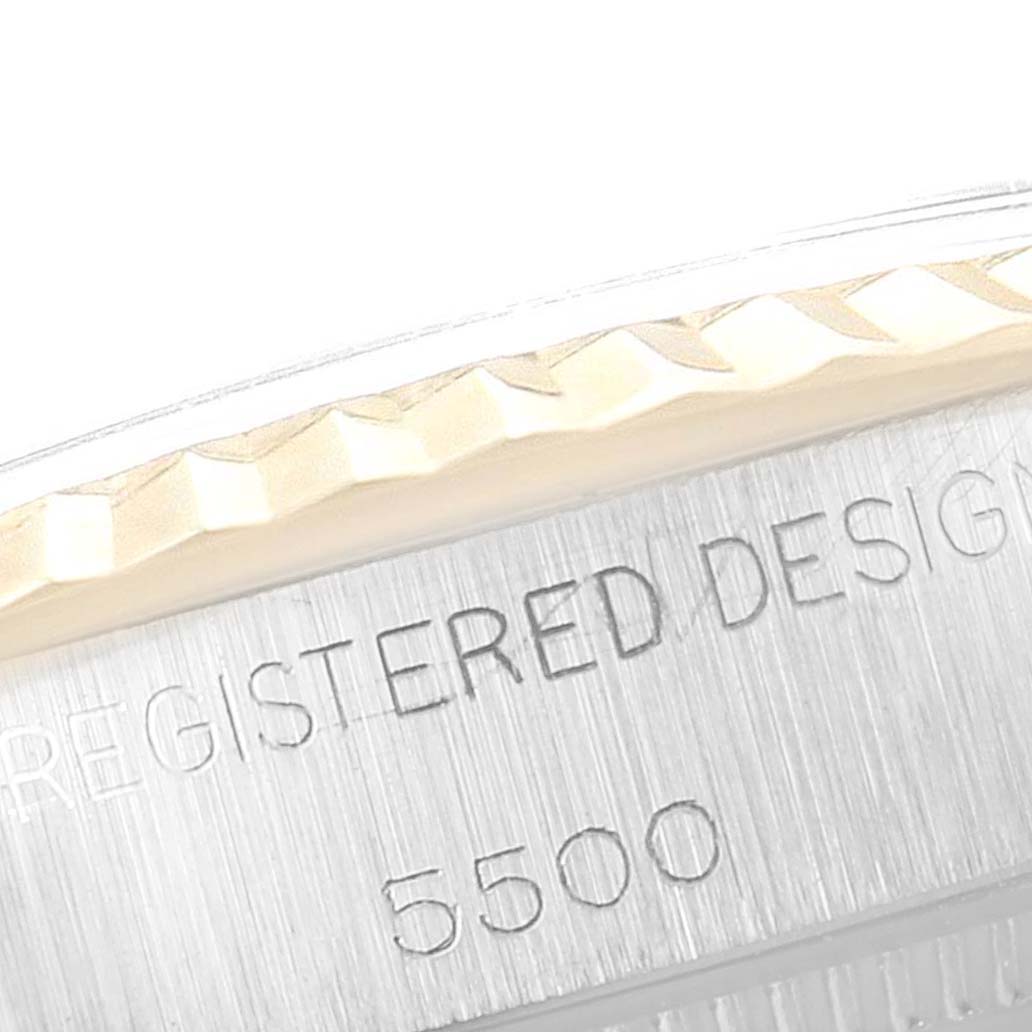 The image shows a close-up of the side engraving on a Rolex Vintage Collection 5500 Men's Steel and Gold (two tone) Champagne Dial 5500 Men's Steel and Gold (two tone) Champagne Dial model, specifically focusing on the model number "5500."