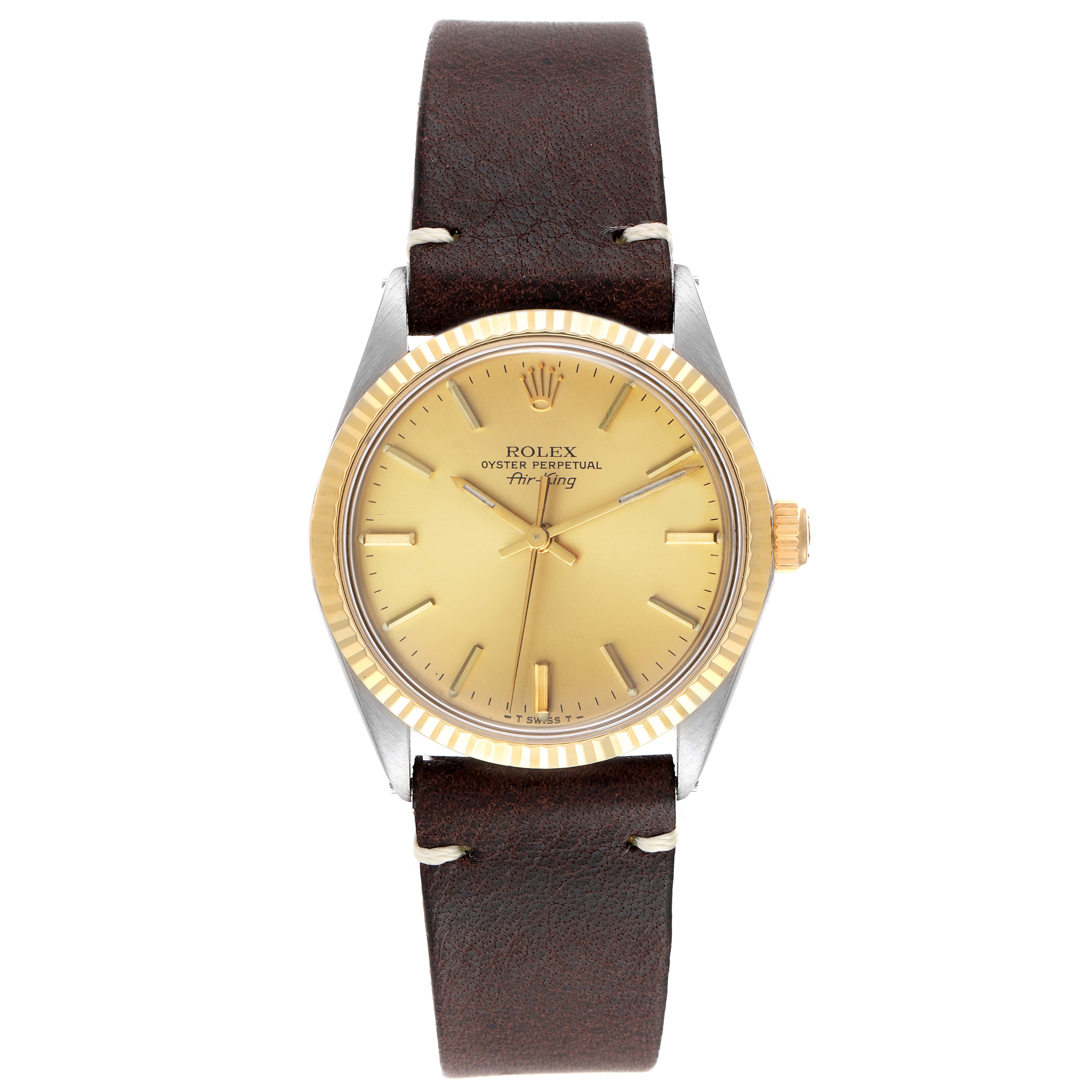 The image shows a front view of the Rolex Vintage Collection 5500 Men's Steel and Gold (two tone) Champagne Dial 5500 Men's Steel and Gold (two tone) Champagne Dial watch with a gold dial and brown leather strap.