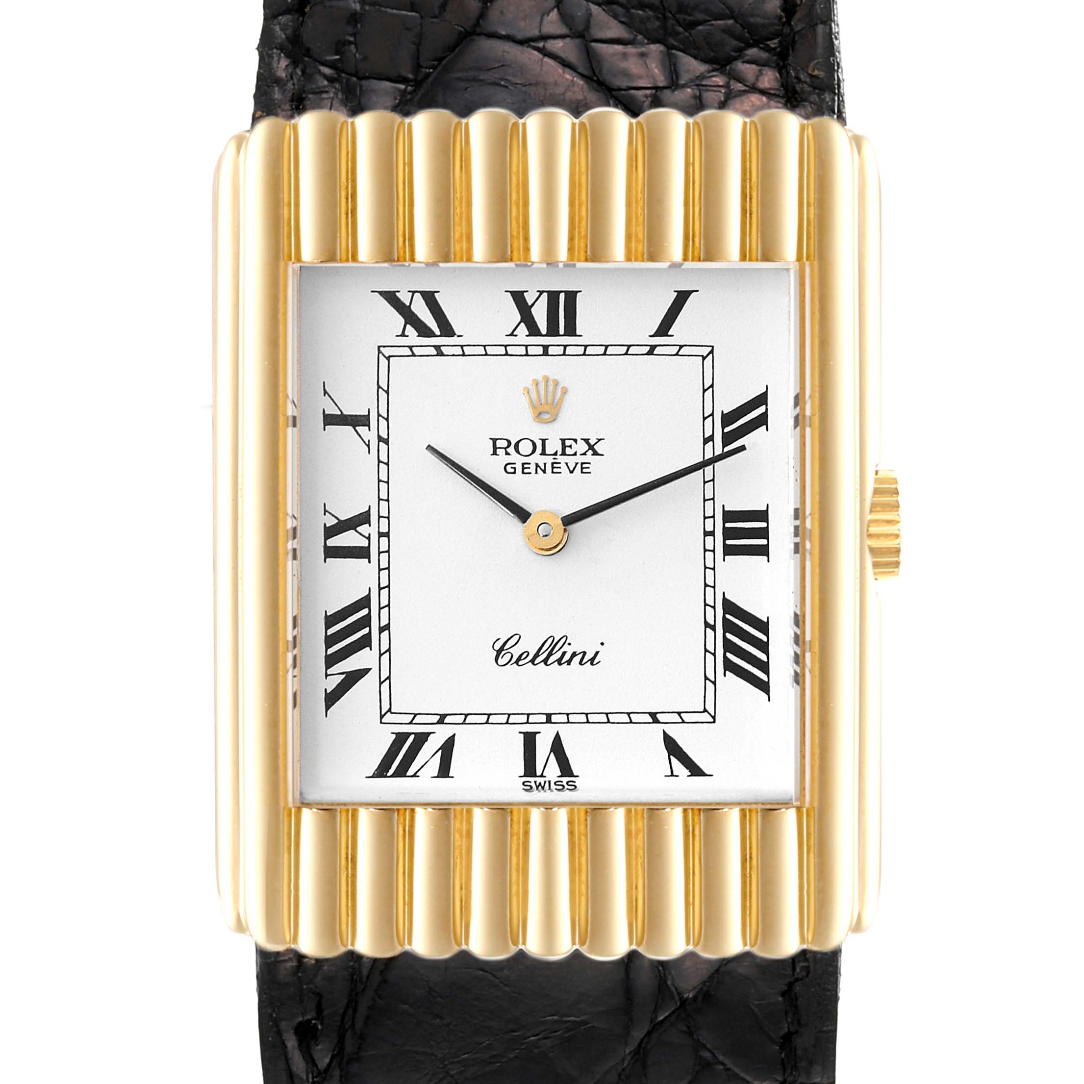 The image shows a Rolex Cellini 4016 Men's Yellow Gold White Dial 4016 Men's Yellow Gold White Dial watch featuring a gold square bezel, Roman numeral dial, and black leather strap viewed from the front.