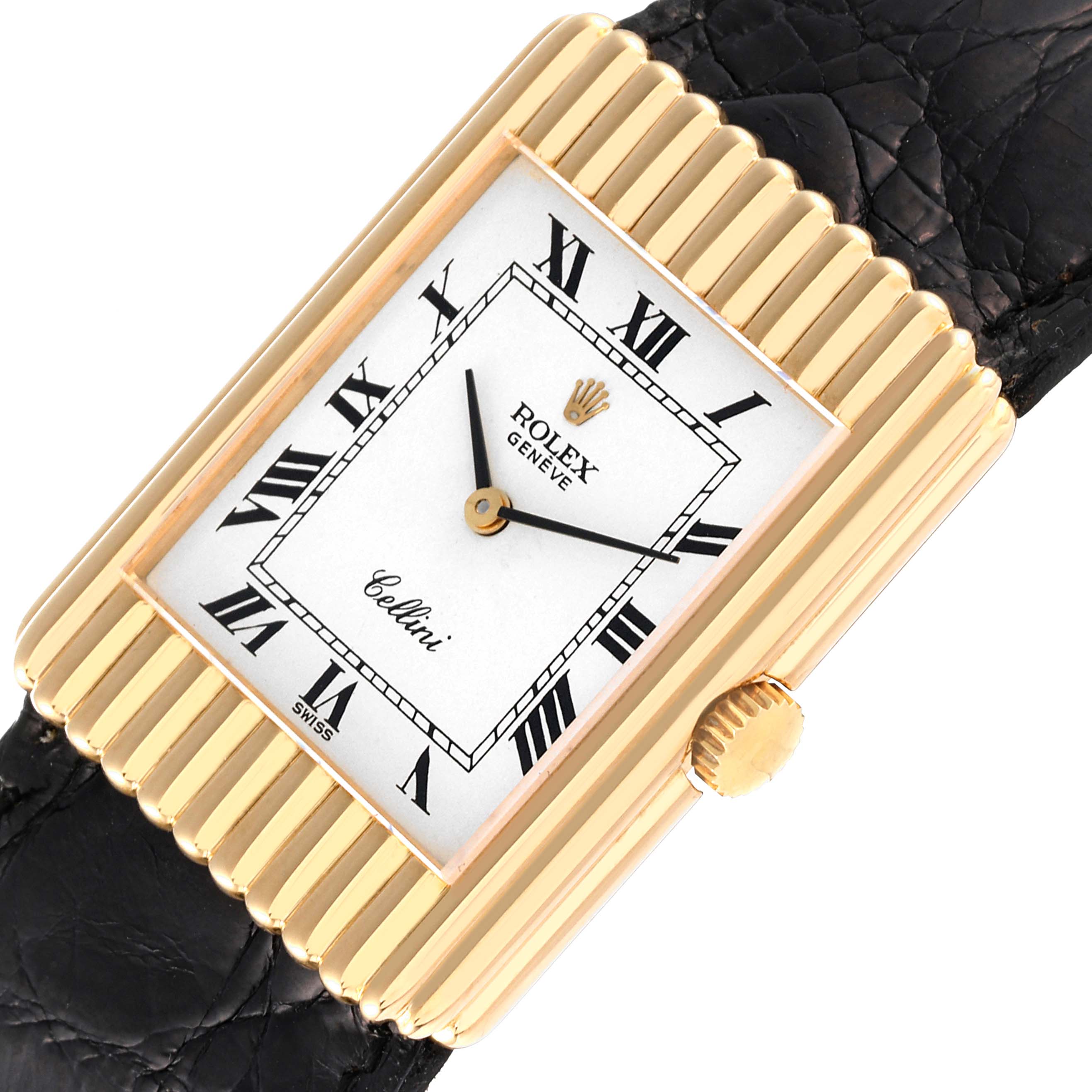 This Rolex Cellini 4016 Men's Yellow Gold White Dial 4016 Men's Yellow Gold White Dial watch is shown at an angle displaying its face, crown, roman numeral markers, and a portion of the leather strap.