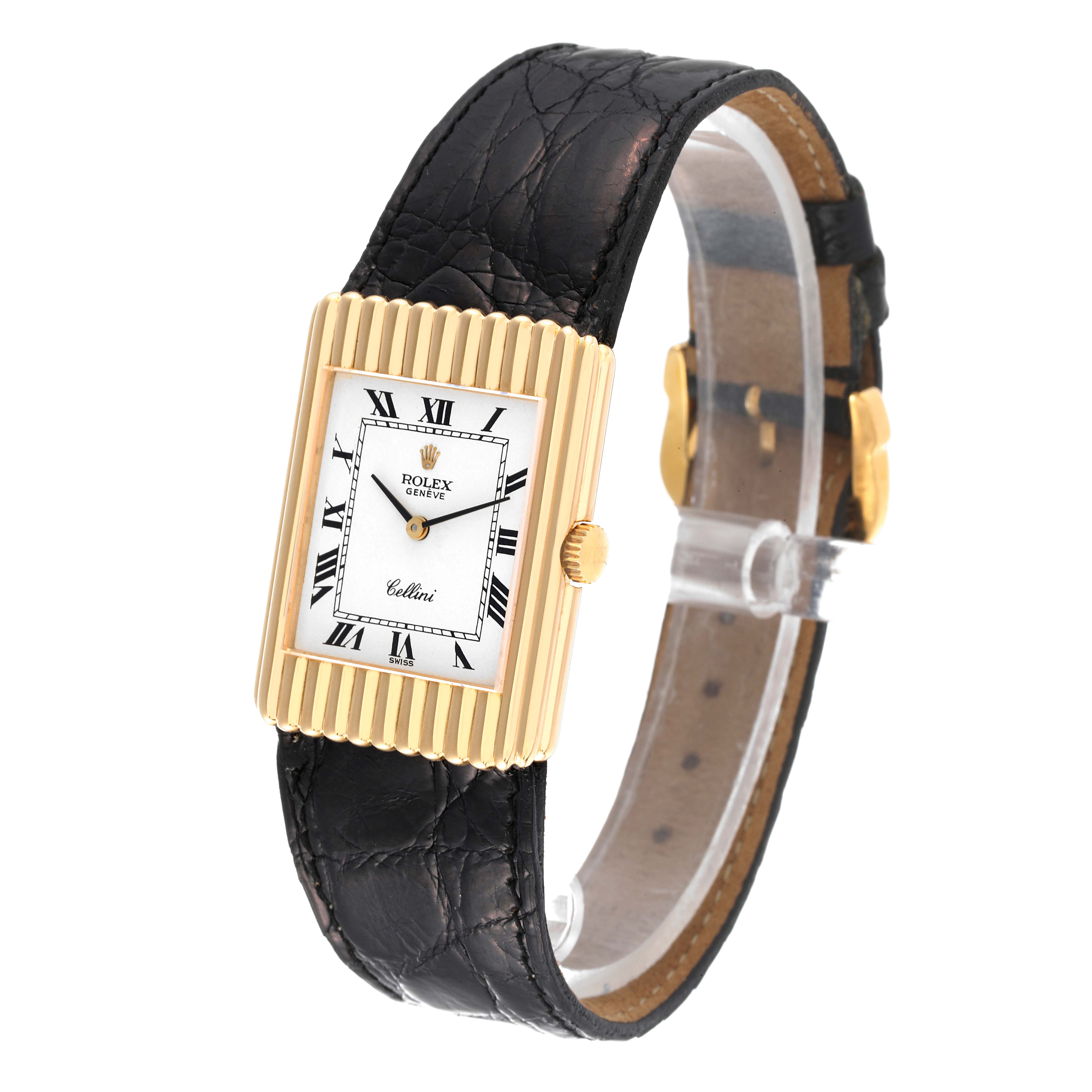 The image shows a Rolex Cellini 4016 Men's Yellow Gold White Dial 4016 Men's Yellow Gold White Dial watch at a three-quarter angle, highlighting the gold rectangular case, black leather strap, and white dial.