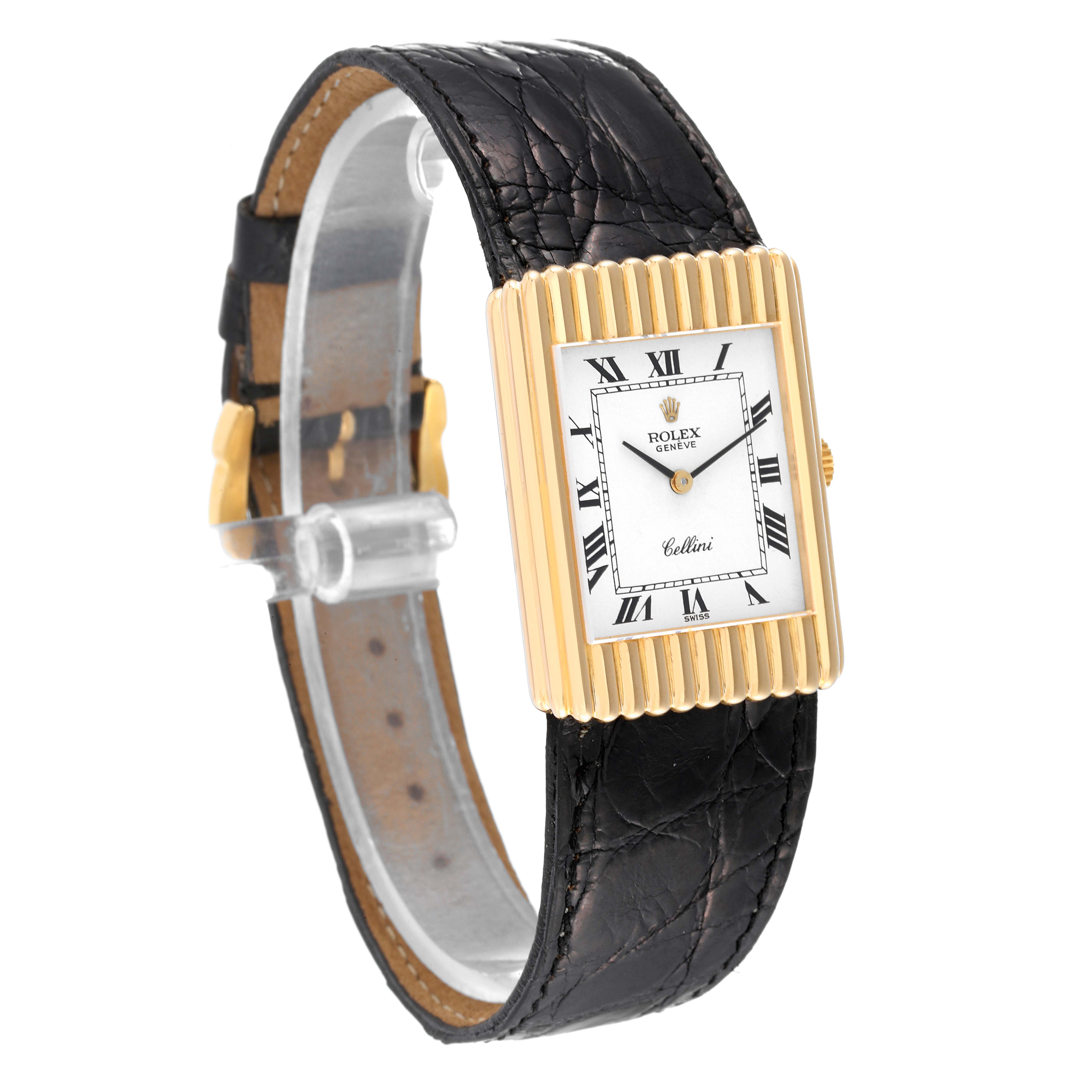 The Rolex Cellini 4016 Men's Yellow Gold White Dial 4016 Men's Yellow Gold White Dial watch is shown at a slight angle, displaying its rectangular face, gold bezel, black leather strap, and Roman numerals.