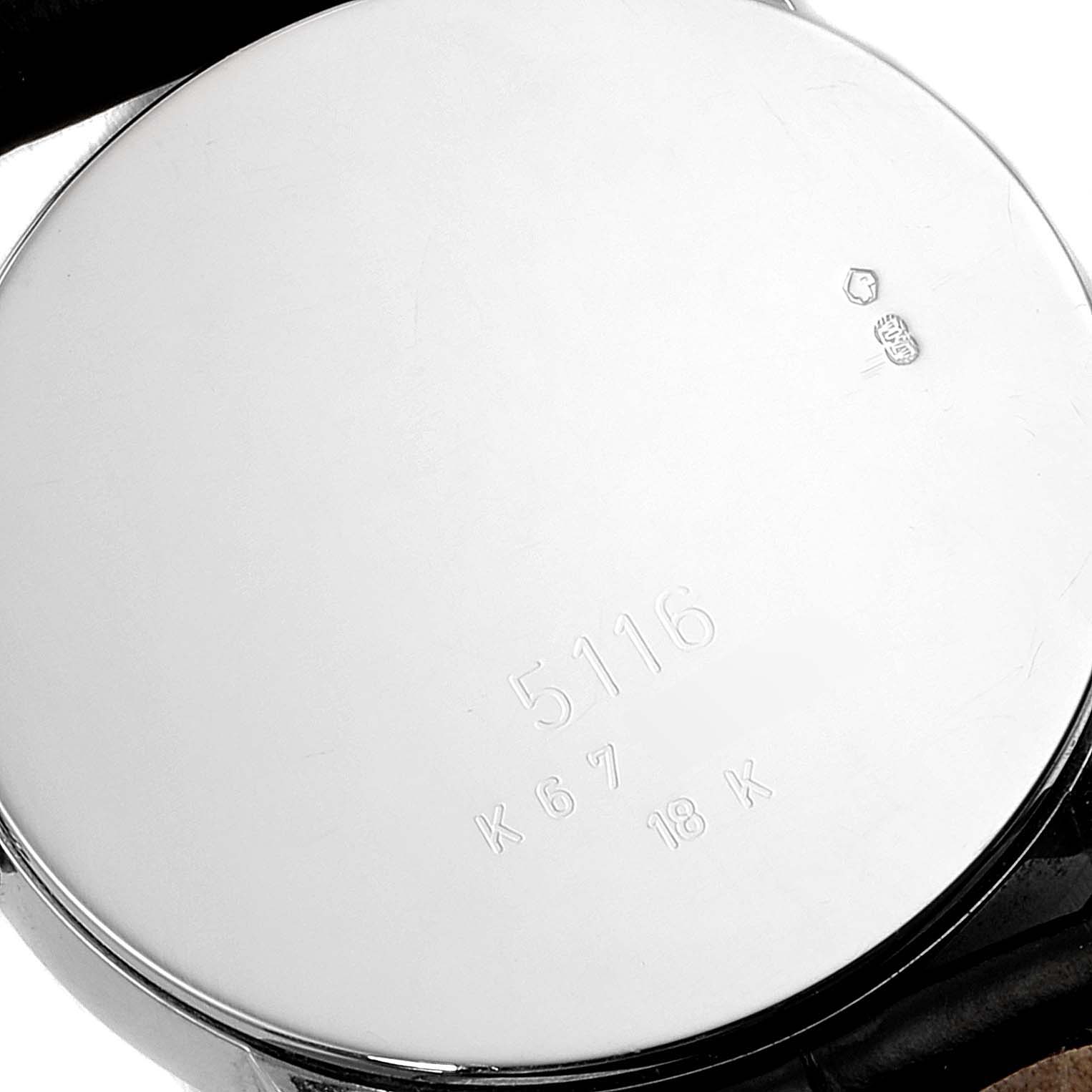 The image shows the back case of a Rolex Cellini 5116 Men's White Gold Brown Dial 5116 Men's White Gold Brown Dial model watch, displaying hallmark engravings and model number 5116.