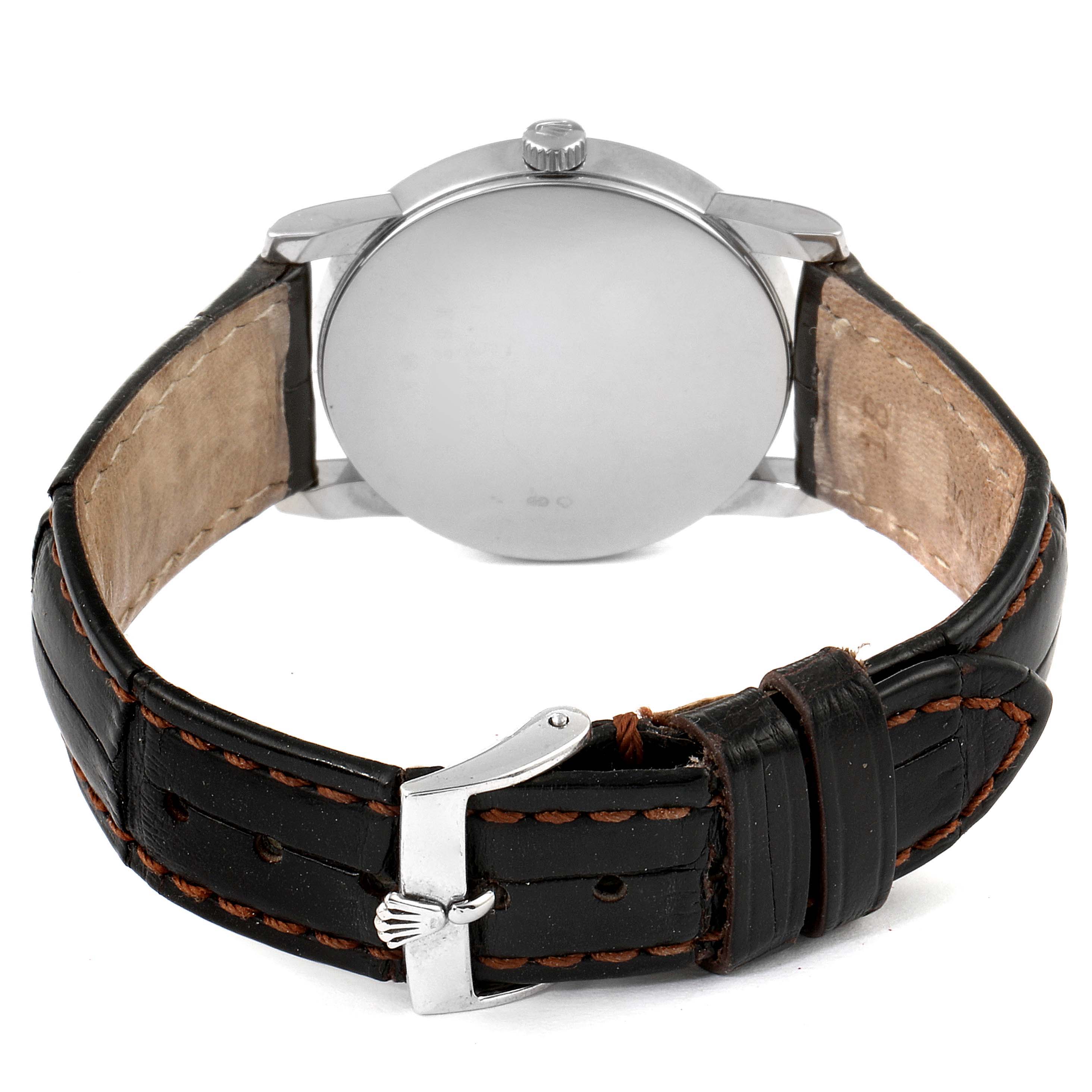 The image shows the back case and leather strap of a Rolex Cellini 5116 Men's White Gold Brown Dial 5116 Men's White Gold Brown Dial watch from a rear angle.