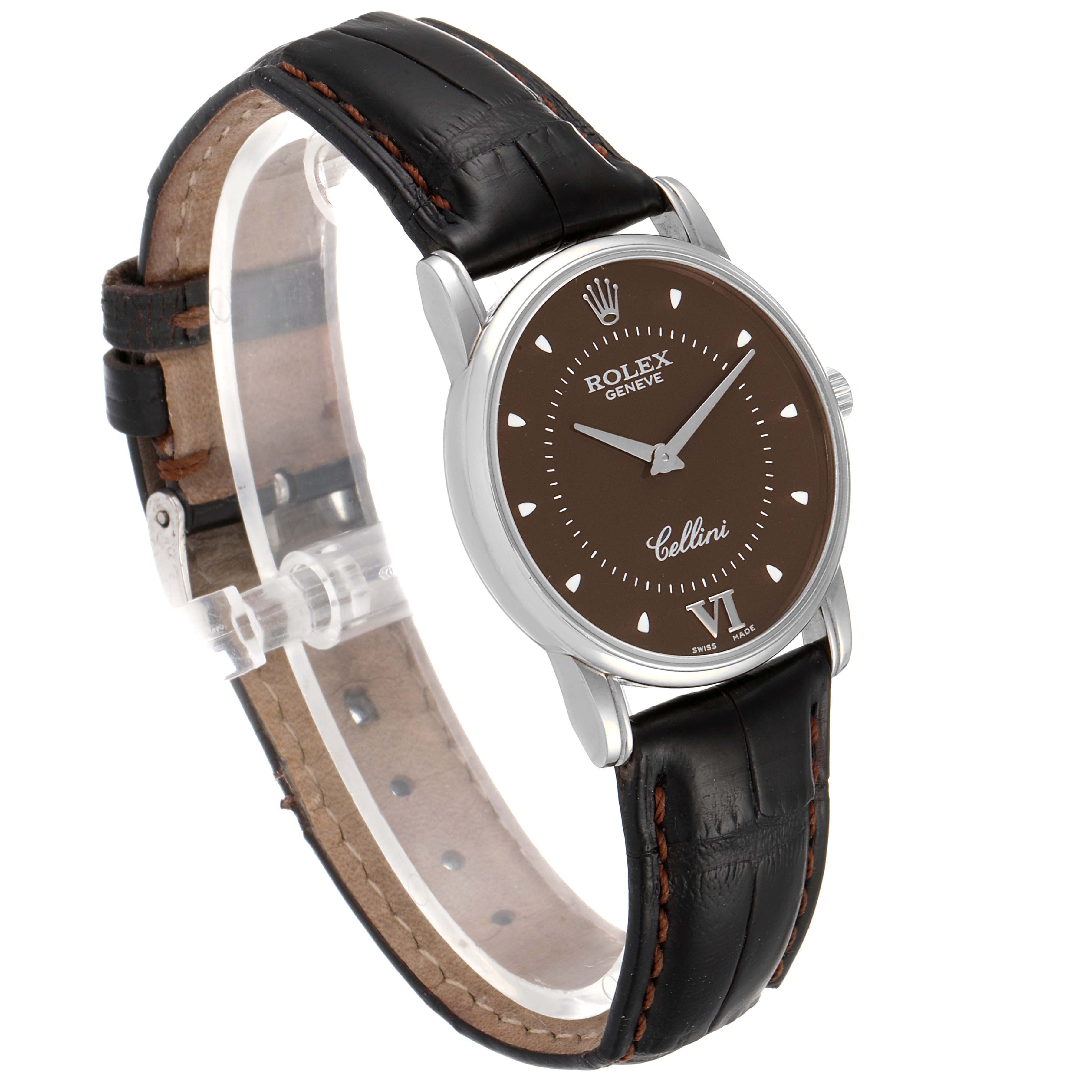 This Rolex Cellini 5116 Men's White Gold Brown Dial 5116 Men's White Gold Brown Dial watch is shown from an angled side view, highlighting its black leather strap and brown dial.