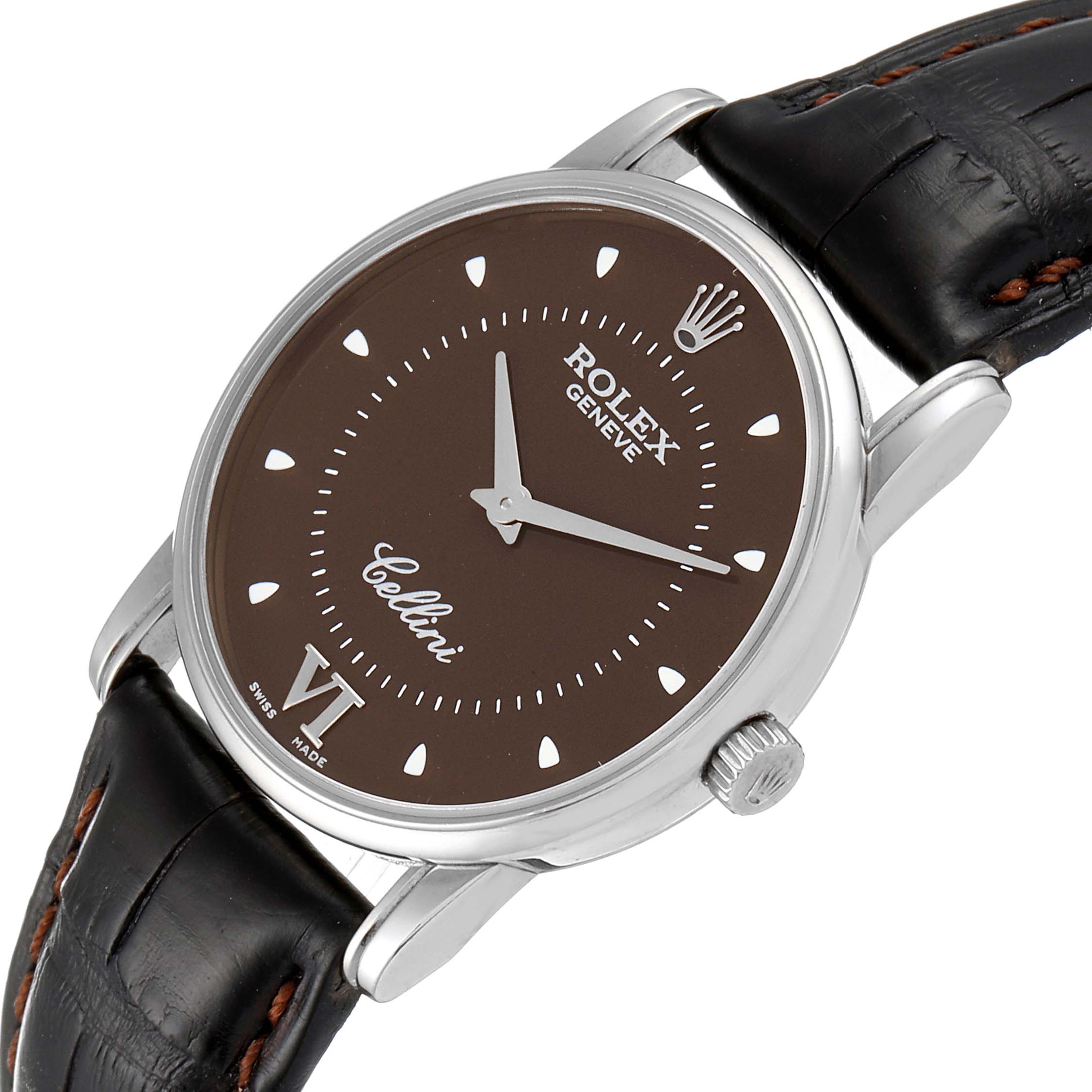 The image shows a Rolex Cellini 5116 Men's White Gold Brown Dial 5116 Men's White Gold Brown Dial watch at an angled side view, highlighting the dial, crown, and part of the leather strap.