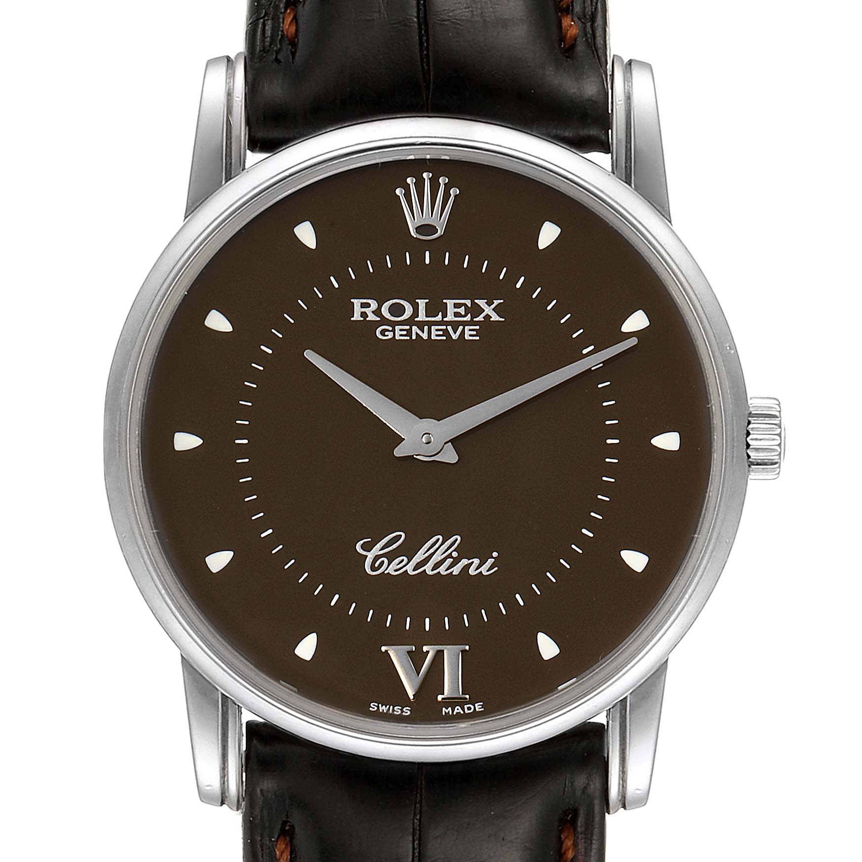 This image shows a front view of the Rolex Cellini 5116 Men's White Gold Brown Dial 5116 Men's White Gold Brown Dial watch, featuring its dial, hands, crown, and part of the leather strap.