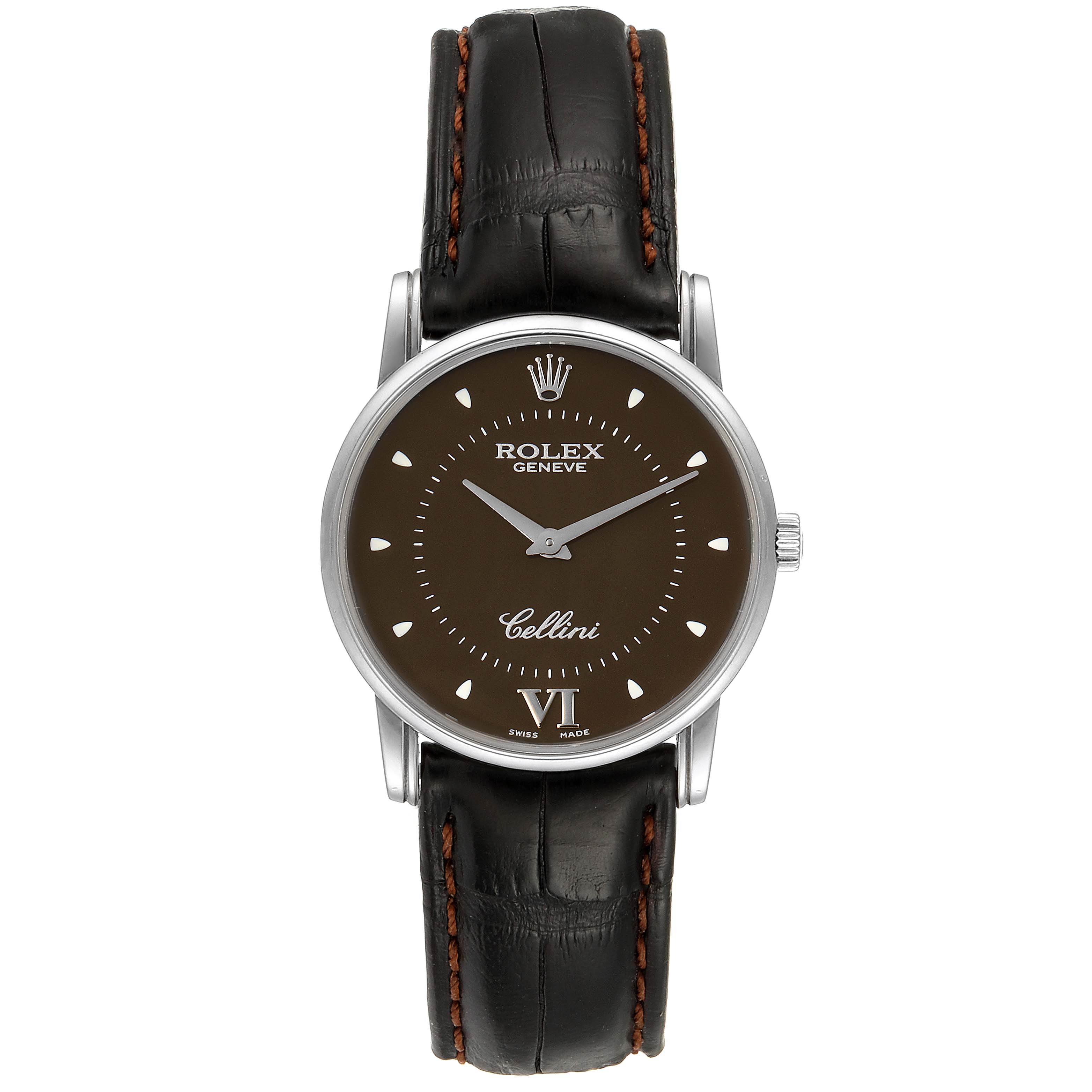 The Rolex Cellini 5116 Men's White Gold Brown Dial 5116 Men's White Gold Brown Dial watch is shown from a front angle, displaying its dial, casing, and leather strap.
