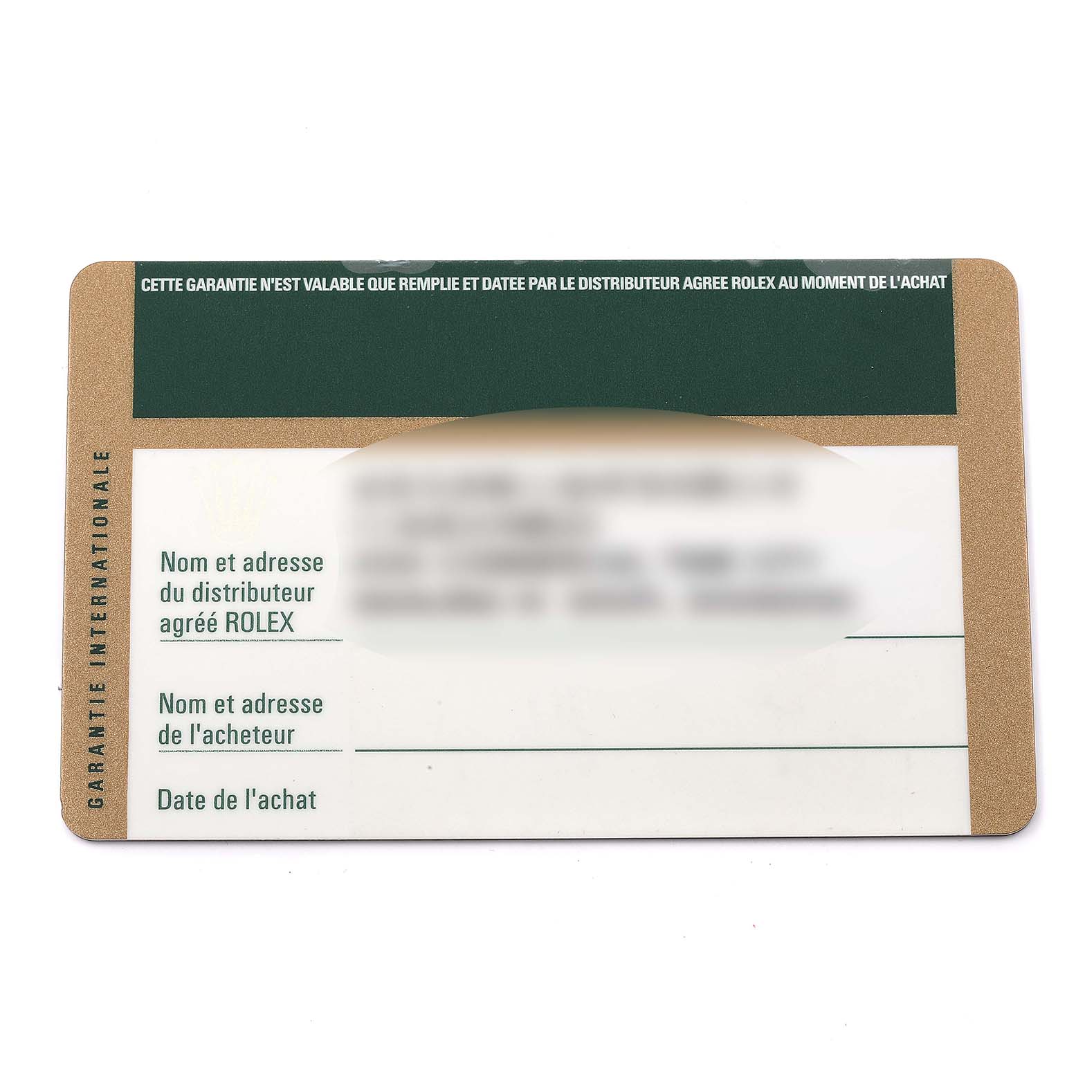 This image shows an international warranty card for the Rolex Cellini 5115 Men's Yellow Gold Black Dial 5115 Men's Yellow Gold Black Dial model.