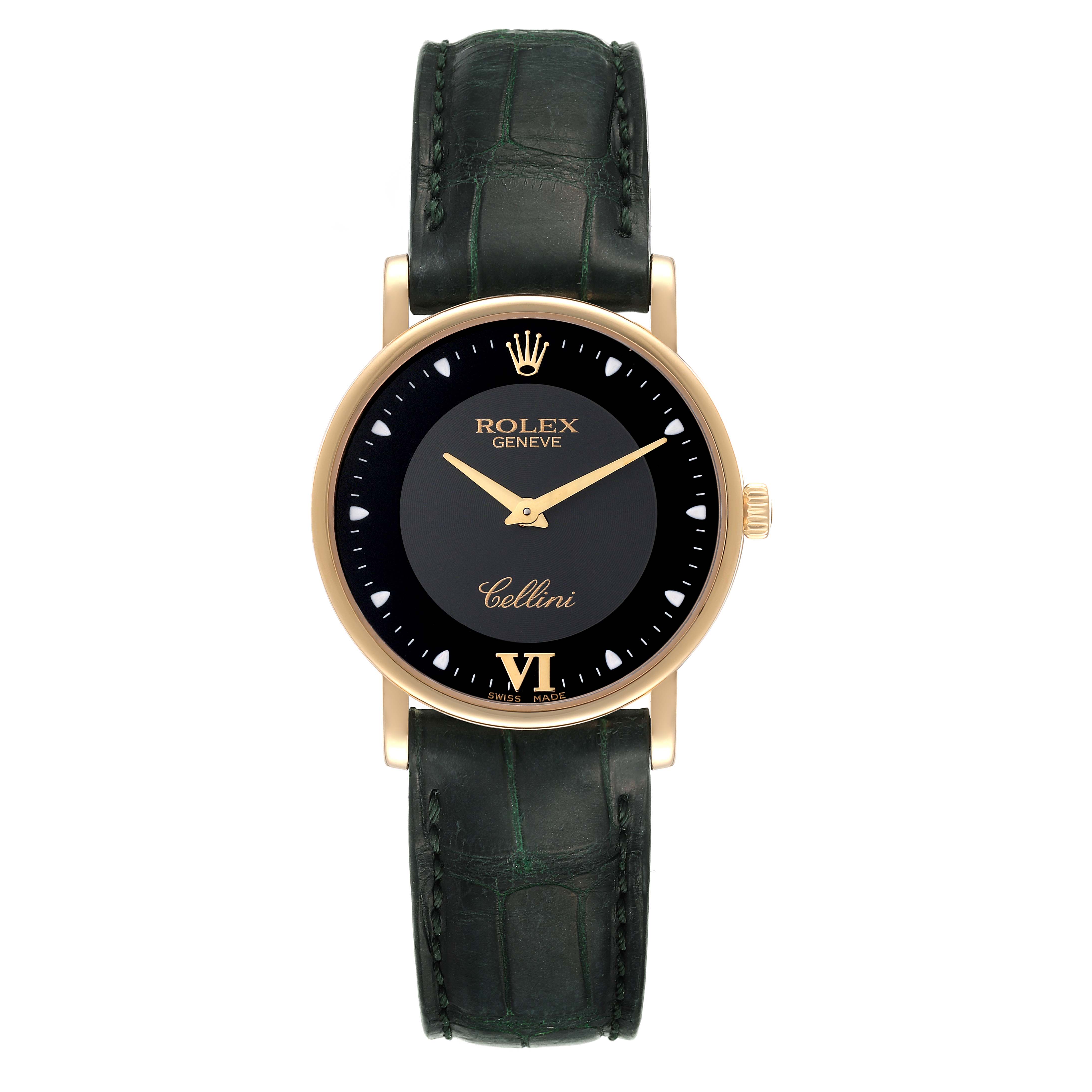 The image shows a Rolex Cellini 5115 Men's Yellow Gold Black Dial 5115 Men's Yellow Gold Black Dial watch from a front angle, highlighting its black dial, gold case, and leather strap.