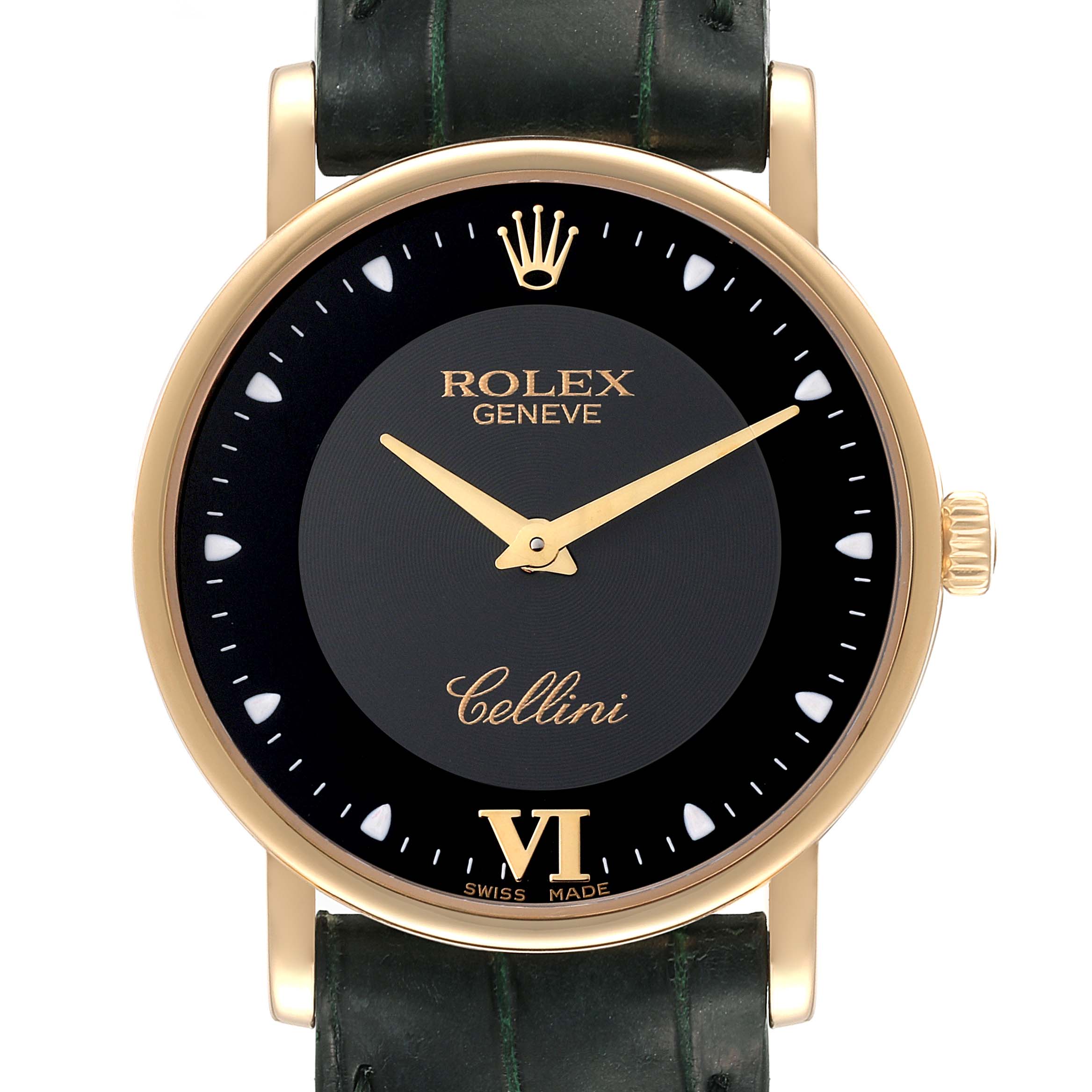 The image shows a front view of the Rolex Cellini 5115 Men's Yellow Gold Black Dial 5115 Men's Yellow Gold Black Dial watch, highlighting its black dial, gold hands, and leather strap.