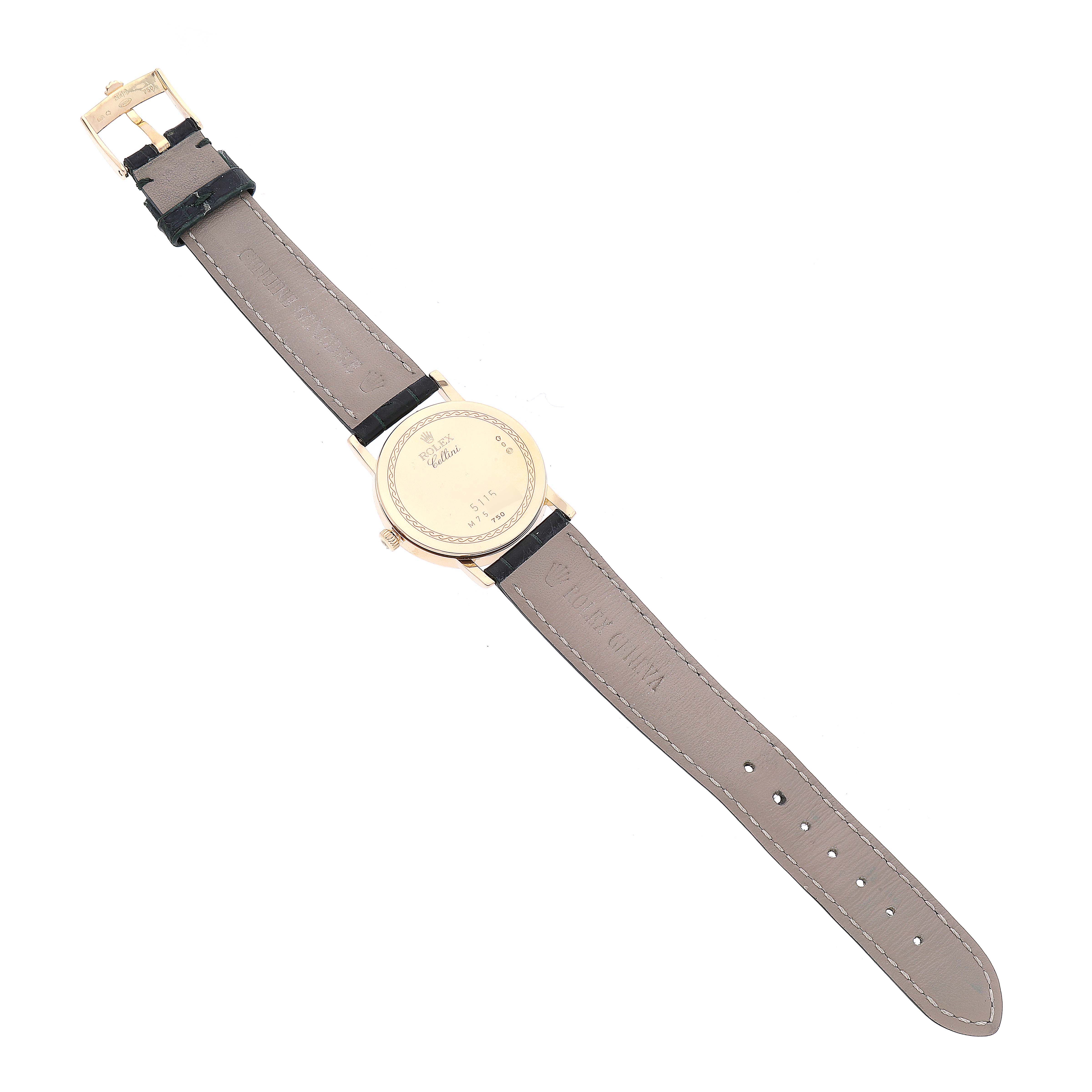 The image shows the back and strap of a Rolex Cellini 5115 Men's Yellow Gold Black Dial 5115 Men's Yellow Gold Black Dial watch, displaying its case back and leather strap fully extended.