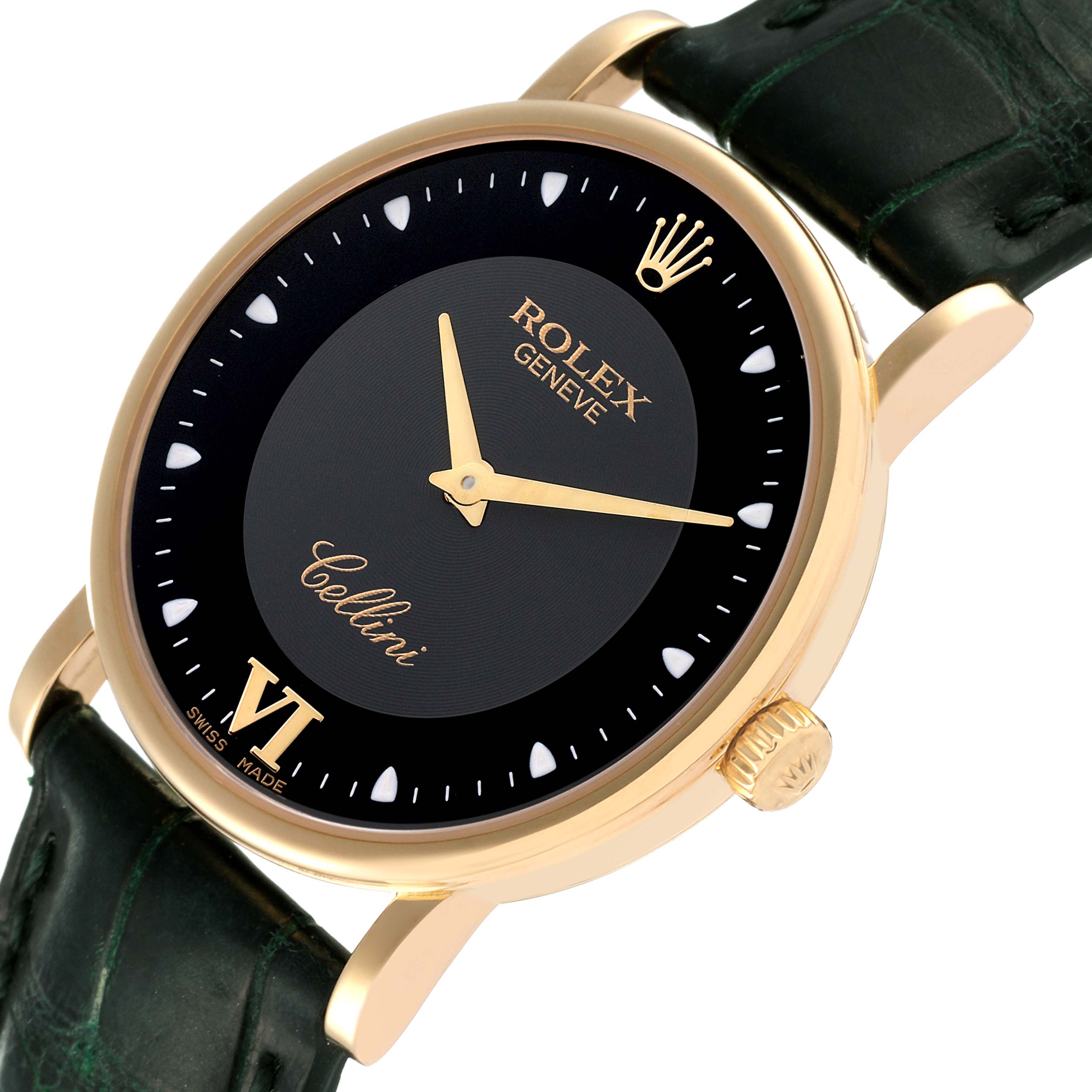 This image shows a Rolex Cellini 5115 Men's Yellow Gold Black Dial 5115 Men's Yellow Gold Black Dial watch from an angled side view, highlighting the face, hands, crown, and part of the band.