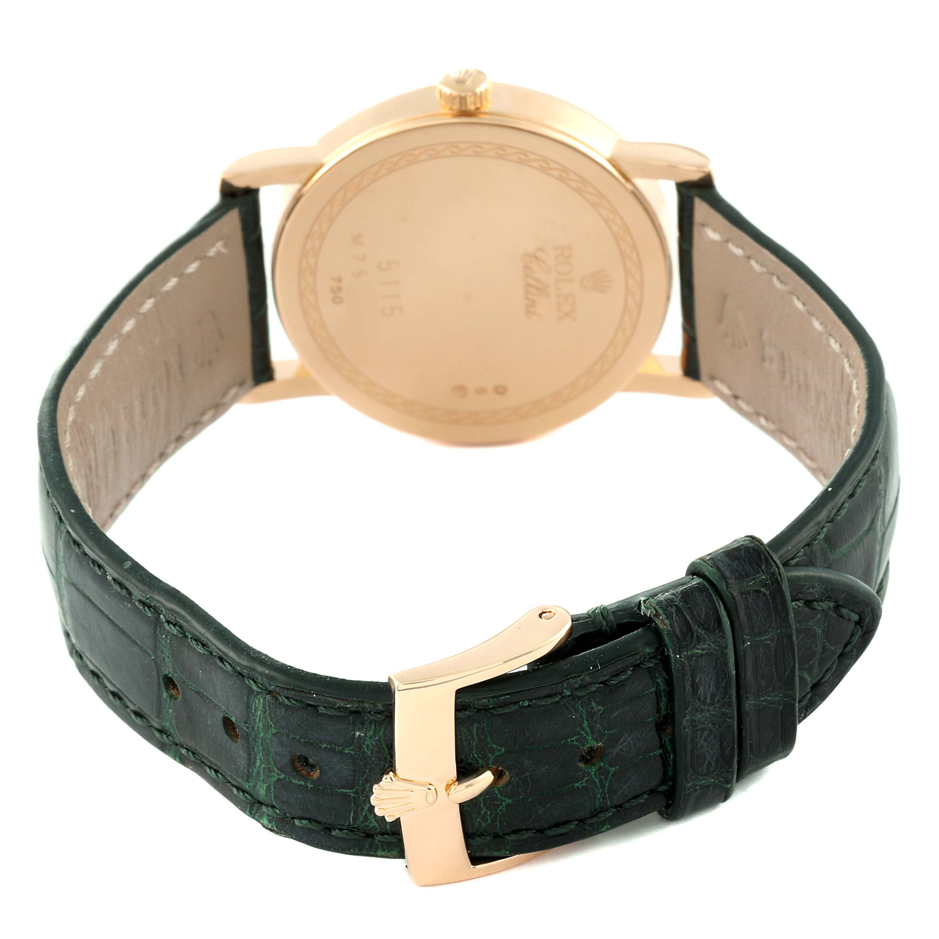 This image shows the back case and leather strap of a Rolex Cellini 5115 Men's Yellow Gold Black Dial 5115 Men's Yellow Gold Black Dial watch.