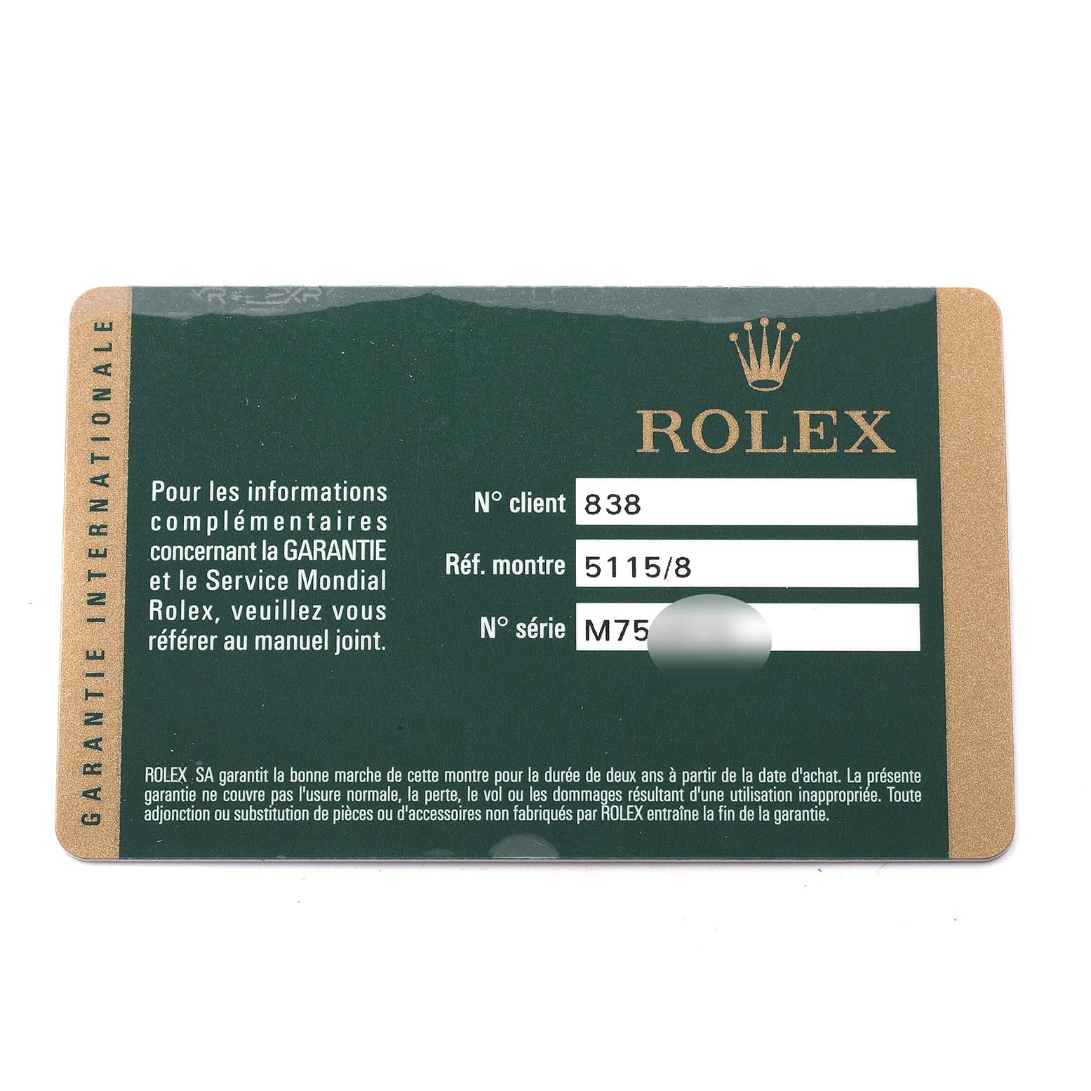 This is the warranty card for a Rolex Cellini 5115 Men's Yellow Gold Black Dial 5115 Men's Yellow Gold Black Dial model, showing reference and serial numbers.
