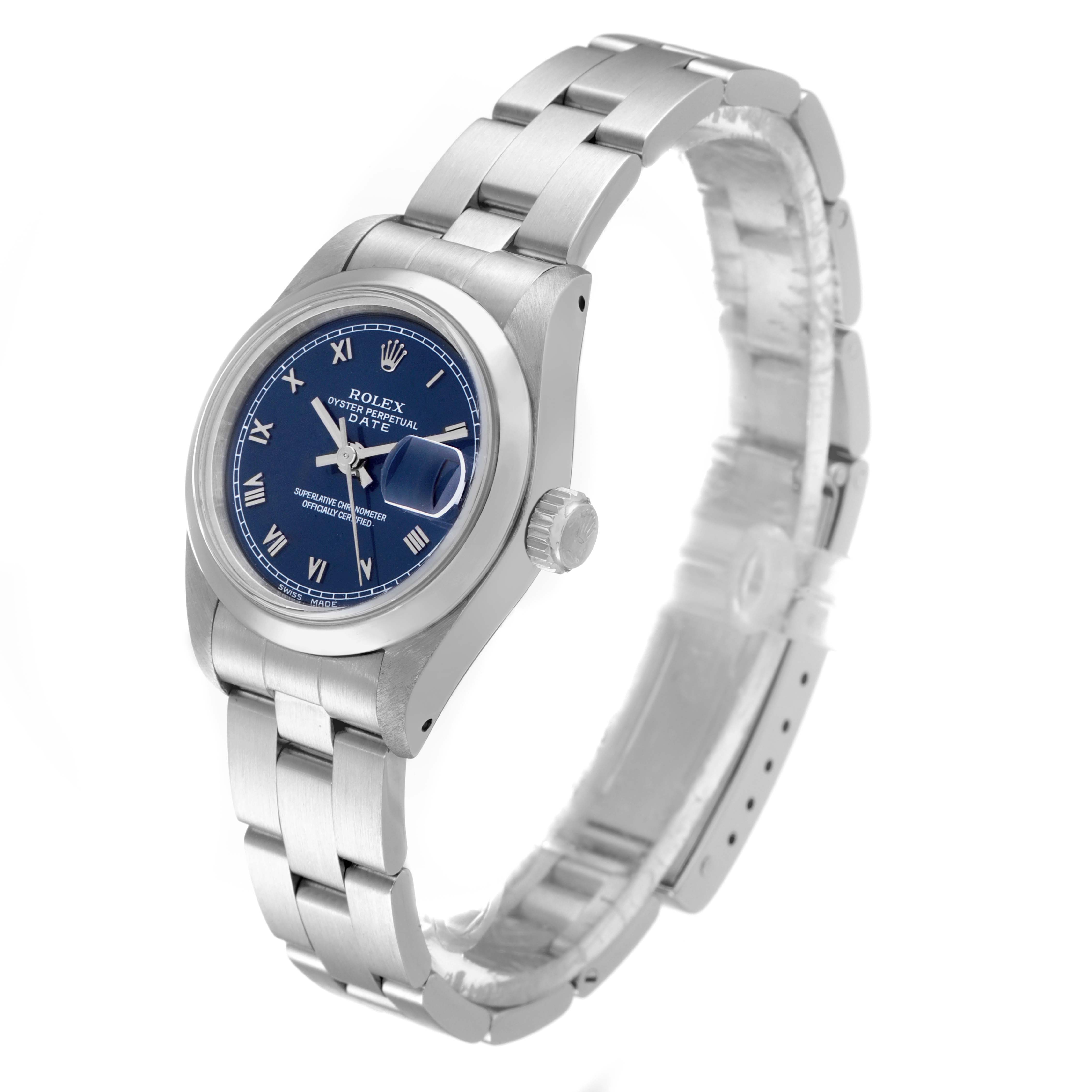 The Rolex Date 69160 Women's Stainless Steel Blue Dial 69160 Women's Stainless Steel Blue Dial watch is shown at an oblique angle, highlighting the face, bezel, crown, and bracelet.