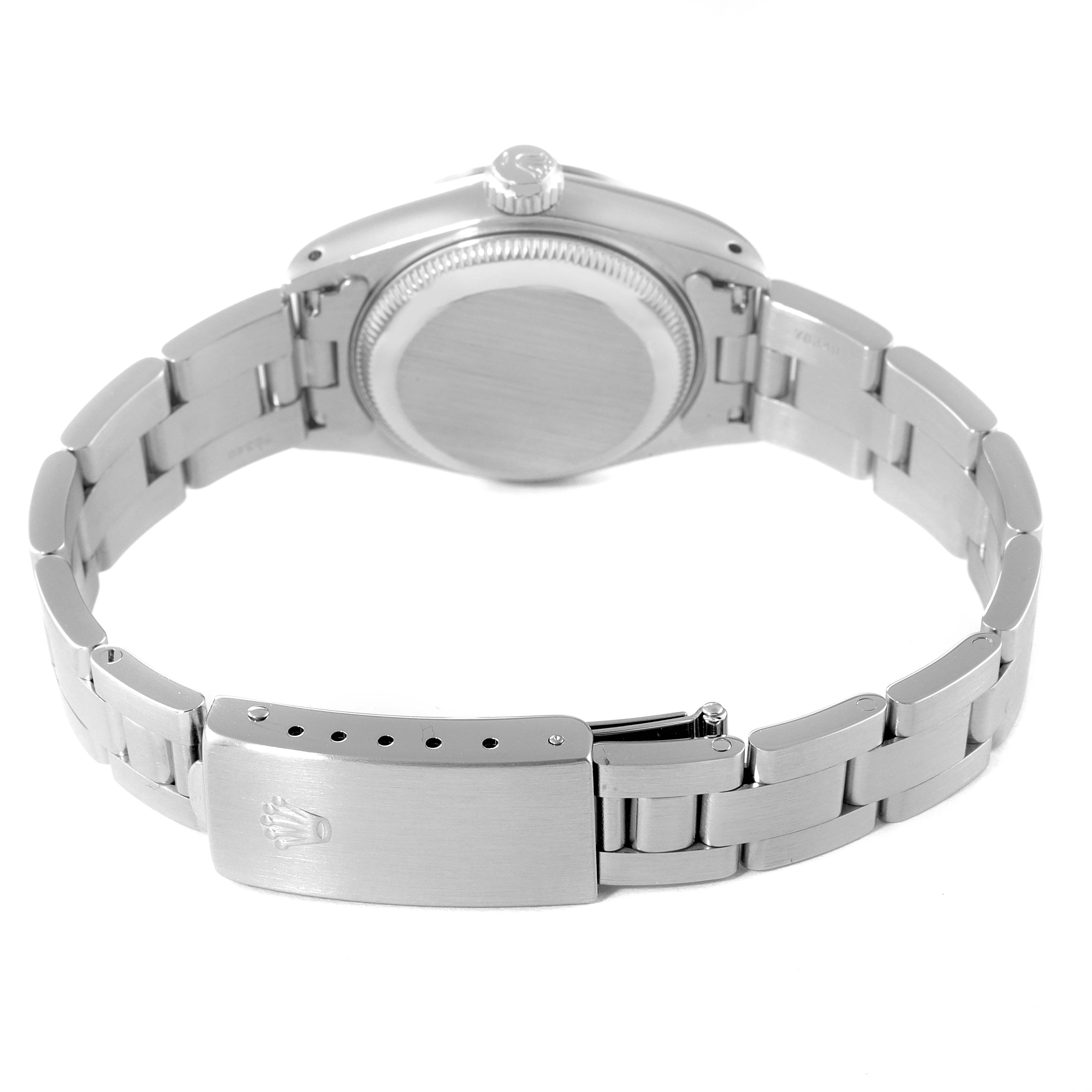 This image shows the back and clasp of a Rolex Date 69160 Women's Stainless Steel Blue Dial 69160 Women's Stainless Steel Blue Dial model, highlighting its stainless steel bracelet and case.