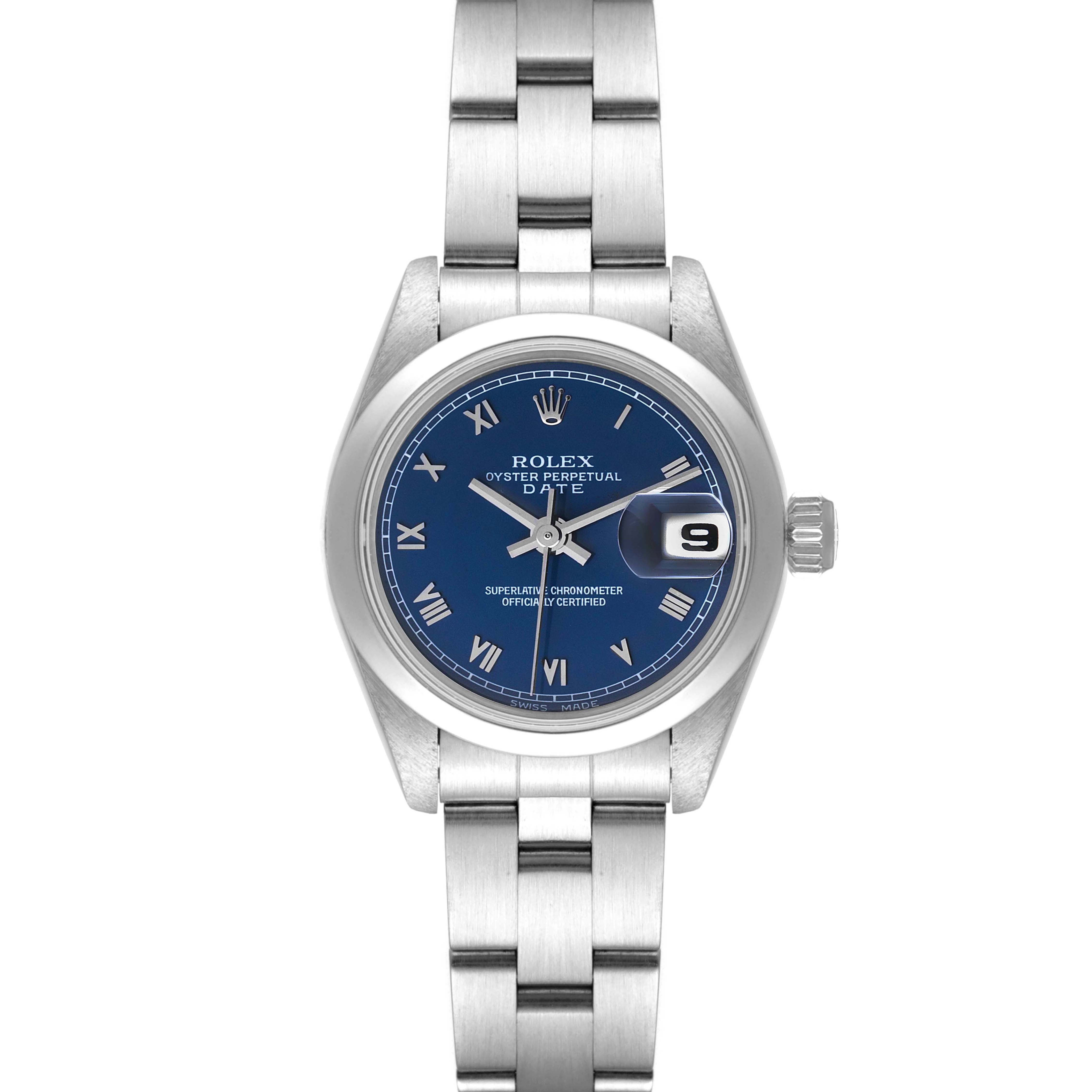 This image shows a front view of the Rolex Oyster Perpetual Date watch, highlighting the blue dial and date window.