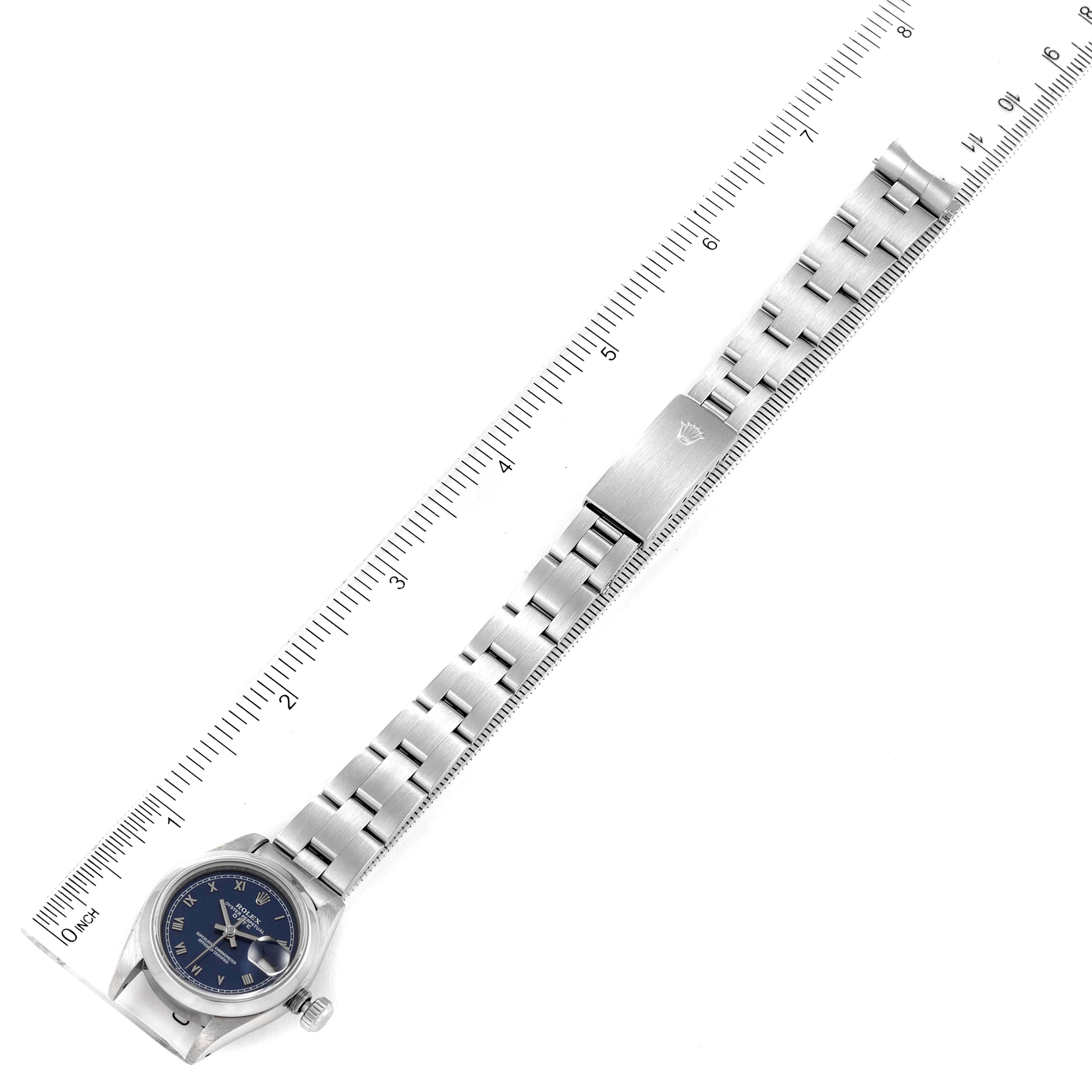 This image shows a top view of a Rolex Date 69160 Women's Stainless Steel Blue Dial 69160 Women's Stainless Steel Blue Dial model watch, including its face, bracelet, and clasp.