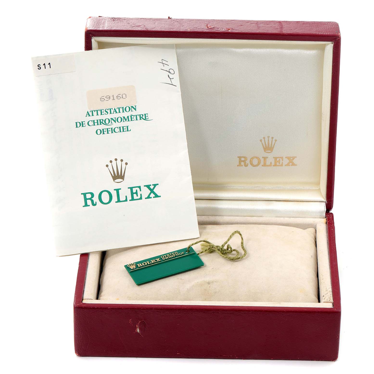 The image shows a Rolex Date 69160 Women's Stainless Steel Blue Dial 69160 Women's Stainless Steel Blue Dial model's box, warranty booklet, and hang tag, photographed from an overhead angle.