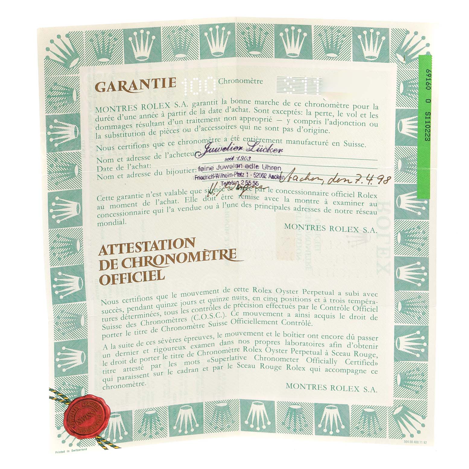 The image shows an official green-bordered warranty card for a Rolex Date 69160 Women's Stainless Steel Blue Dial 69160 Women's Stainless Steel Blue Dial model watch.