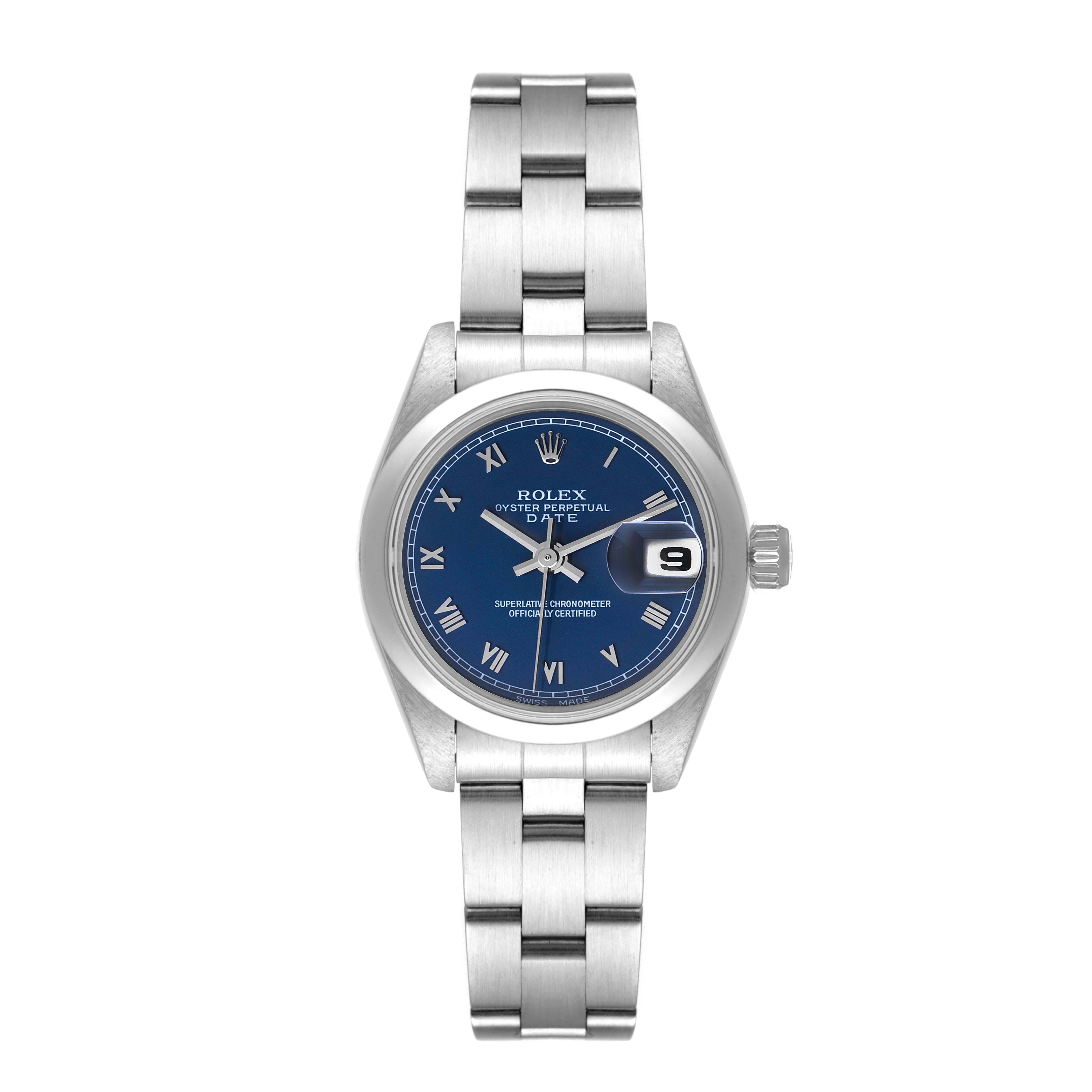This image shows a front view of a Rolex Date 69160 Women's Stainless Steel Blue Dial 69160 Women's Stainless Steel Blue Dial watch, highlighting the blue dial, Roman numerals, date window, and stainless steel bracelet.