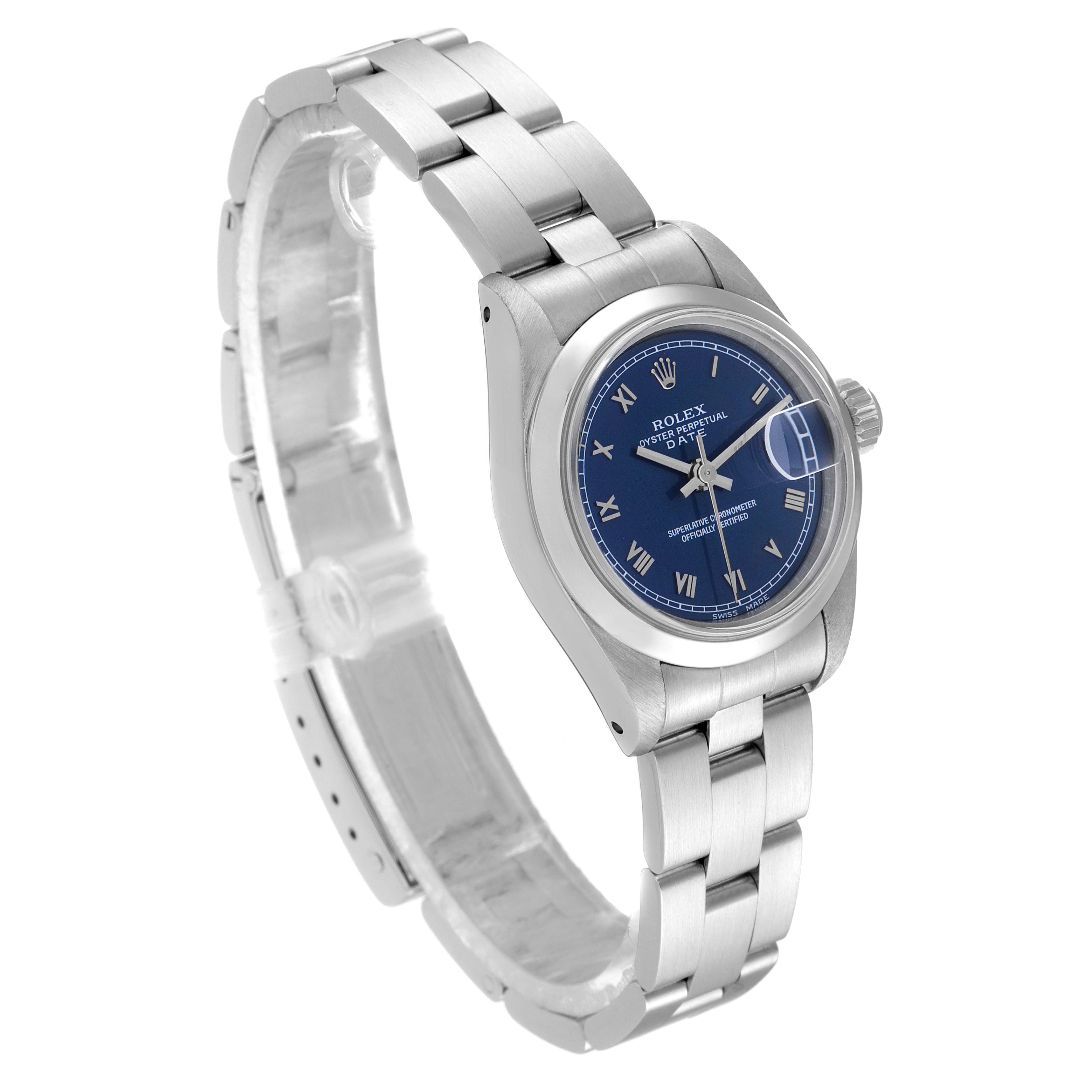 The image shows a side view of a Rolex Date 69160 Women's Stainless Steel Blue Dial 69160 Women's Stainless Steel Blue Dial model watch, displaying the blue dial, bracelet, and clasp.