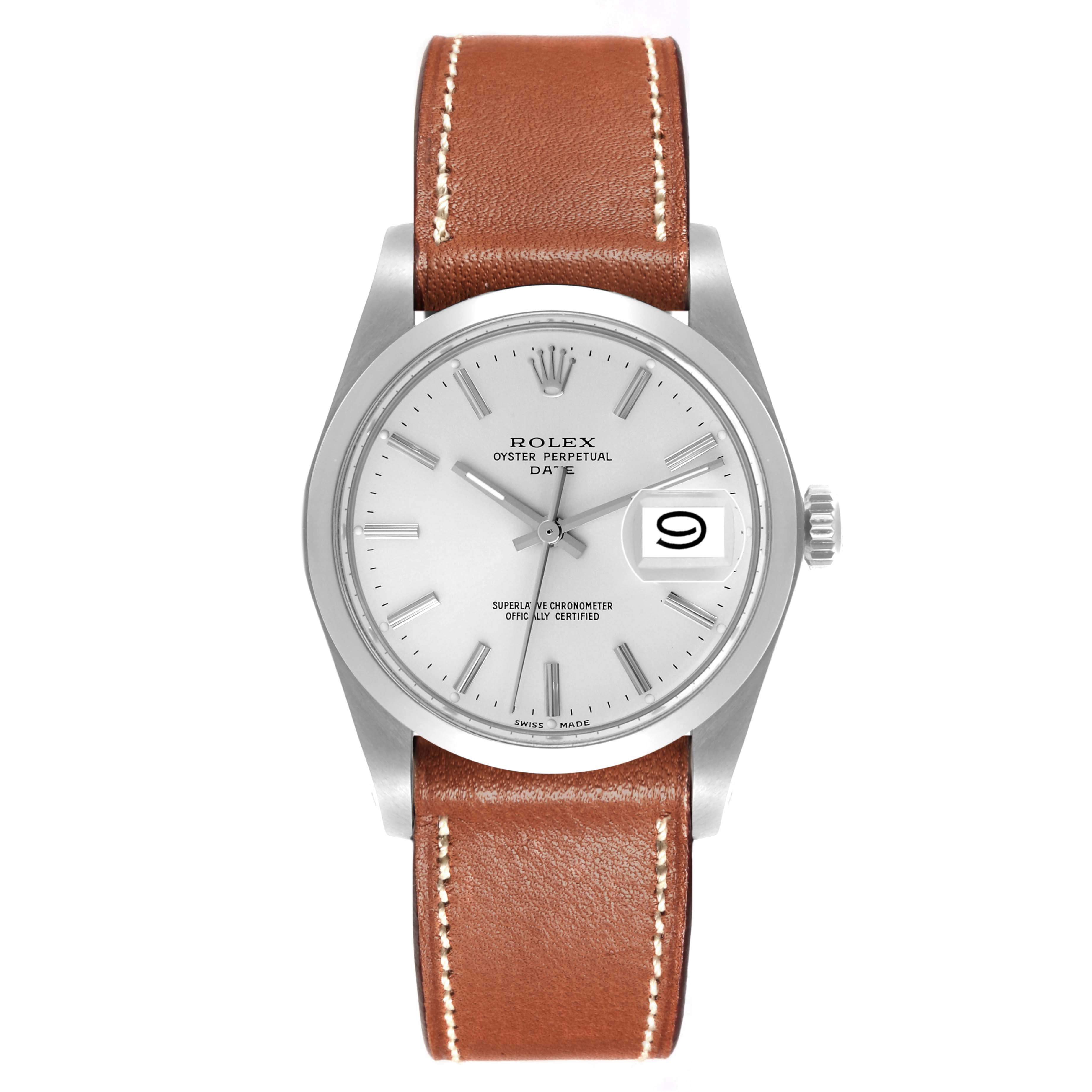 The Rolex Date 1500 Men's Stainless Steel Silver Dial 1500 Men's Stainless Steel Silver Dial model watch is shown from a front angle, highlighting the dial, case, and brown leather strap.