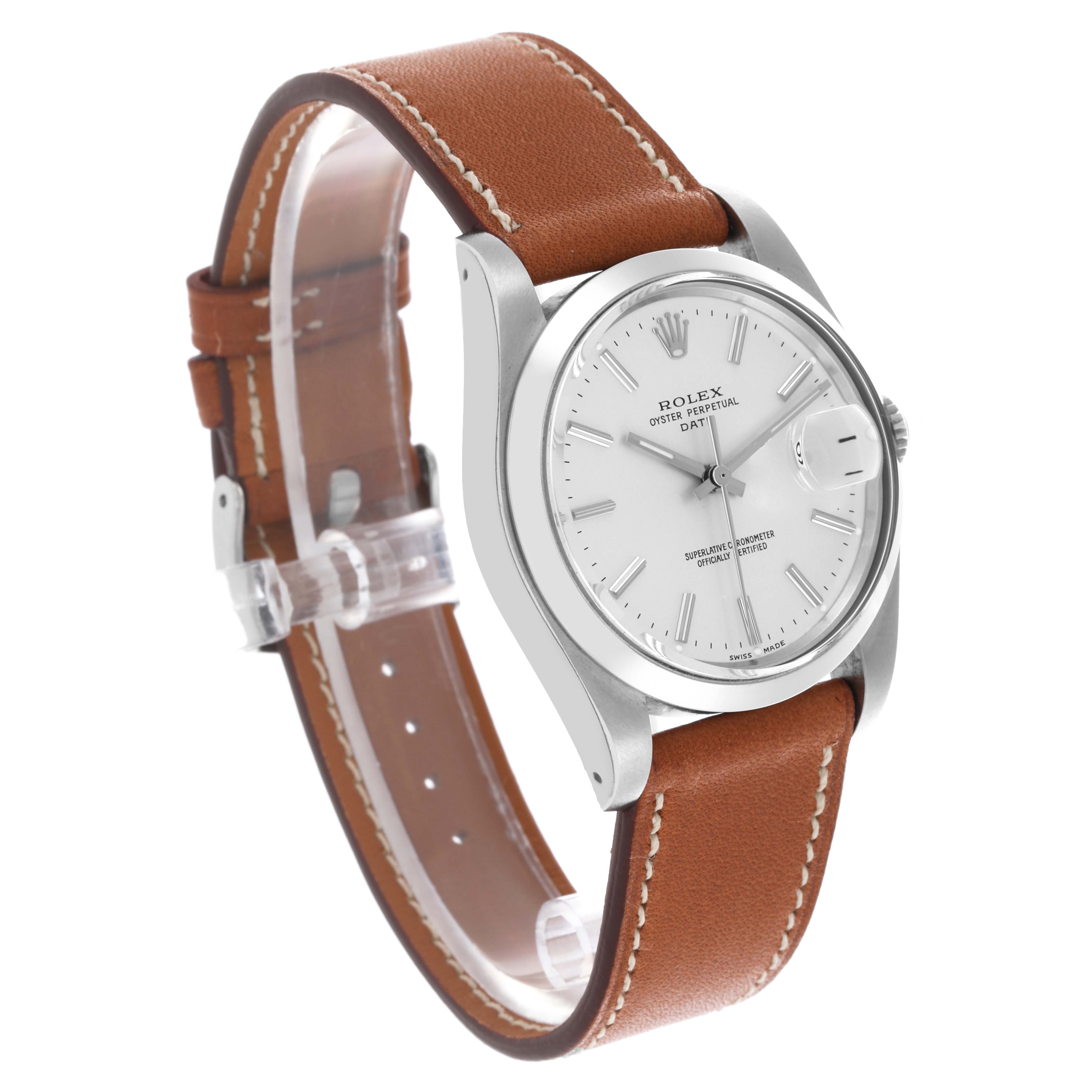 The Rolex Date 1500 Men's Stainless Steel Silver Dial 1500 Men's Stainless Steel Silver Dial model is shown at a three-quarter angle, highlighting the face, crown, and brown leather strap.