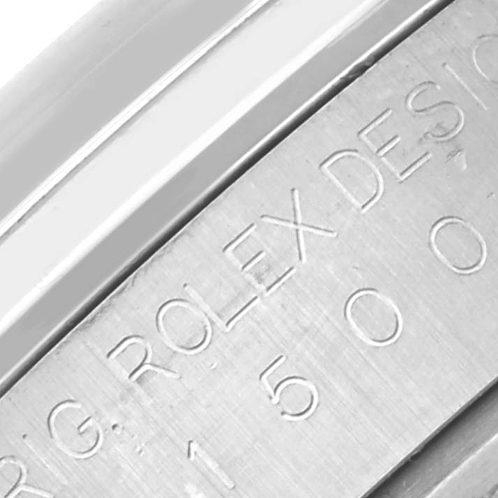 The image shows a close-up of the engraved side of a Rolex Date 1500 Men's Stainless Steel Silver Dial 1500 Men's Stainless Steel Silver Dial watch case, highlighting the model number.