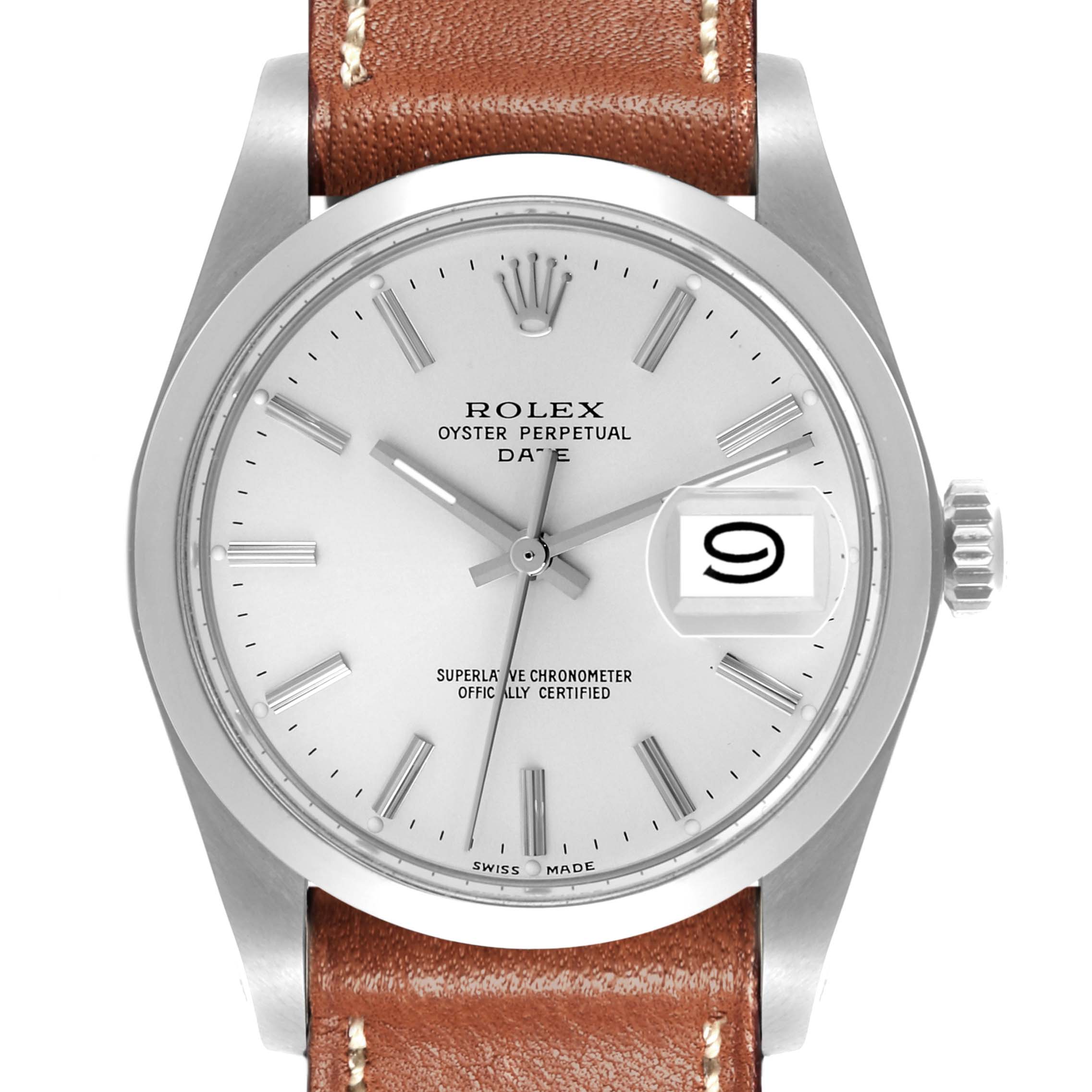 The Rolex Date 1500 Men's Stainless Steel Silver Dial 1500 Men's Stainless Steel Silver Dial watch is shown from the front, displaying its dial, case, date window, and crown.