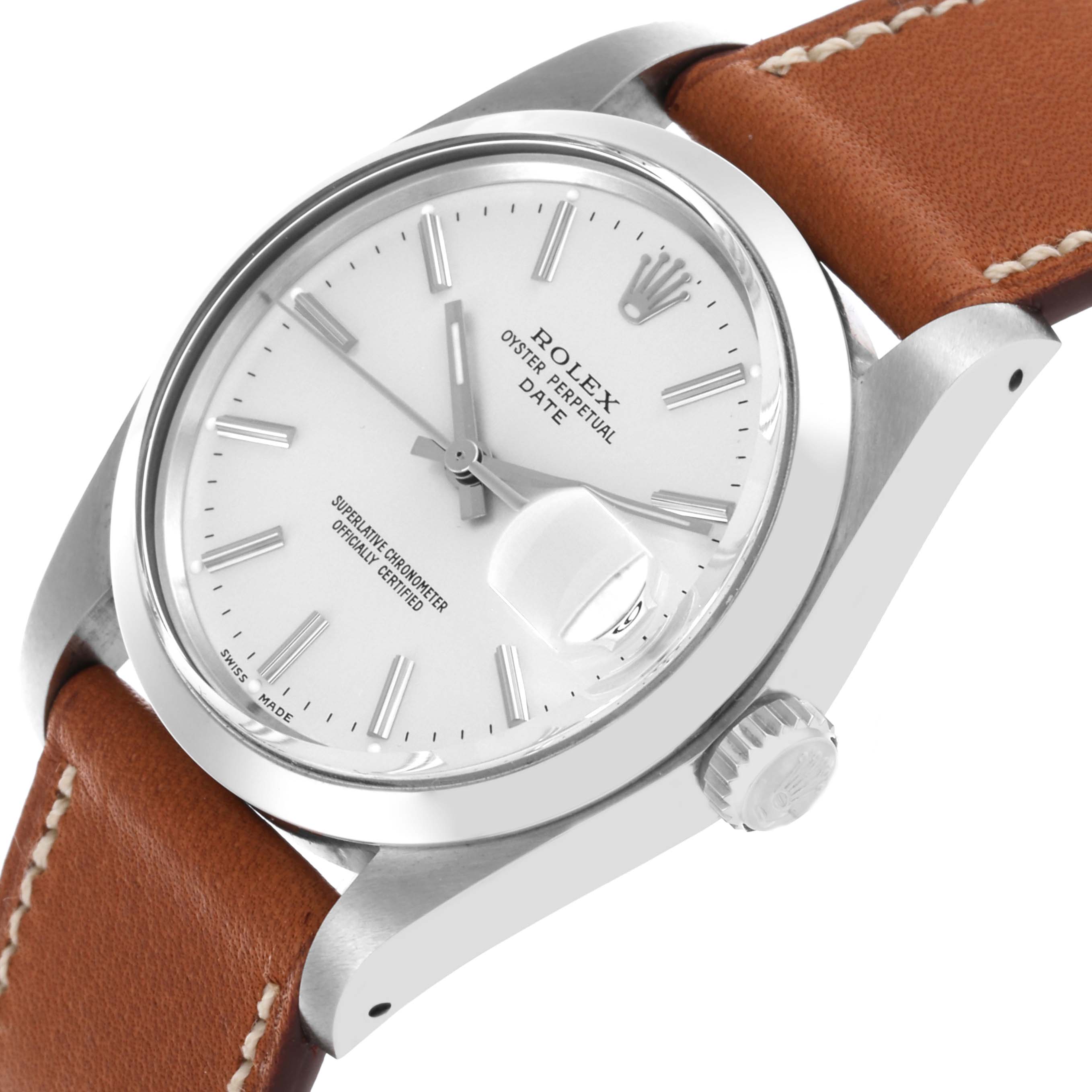 The Rolex Date 1500 Men's Stainless Steel Silver Dial 1500 Men's Stainless Steel Silver Dial watch is shown at a three-quarter angle, displaying the face, crown, and part of the leather strap.