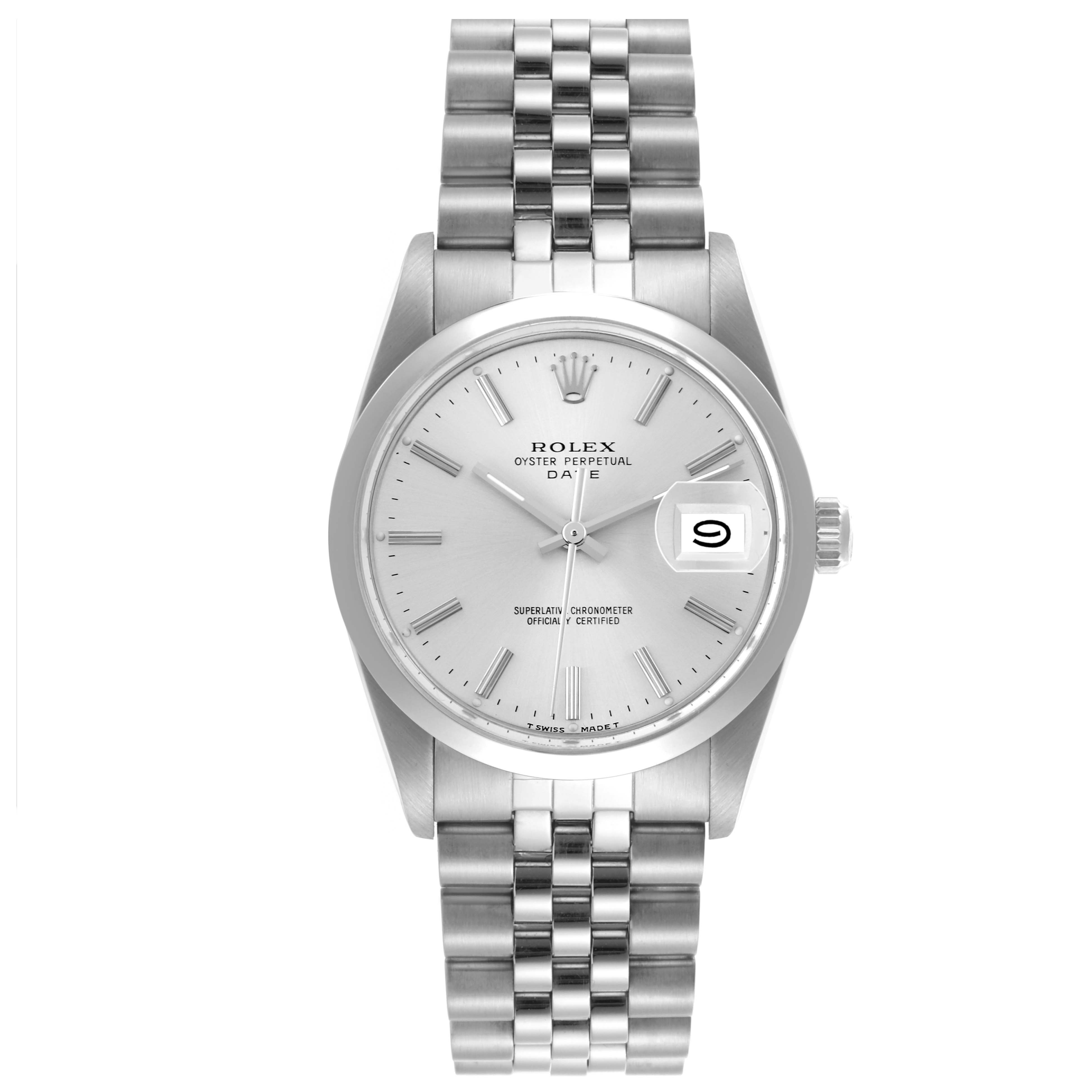 The Rolex Date 15000 Men's Stainless Steel Silver Dial 15000 Men's Stainless Steel Silver Dial model watch is shown face-on, highlighting the dial, hands, bracelet, and date window.
