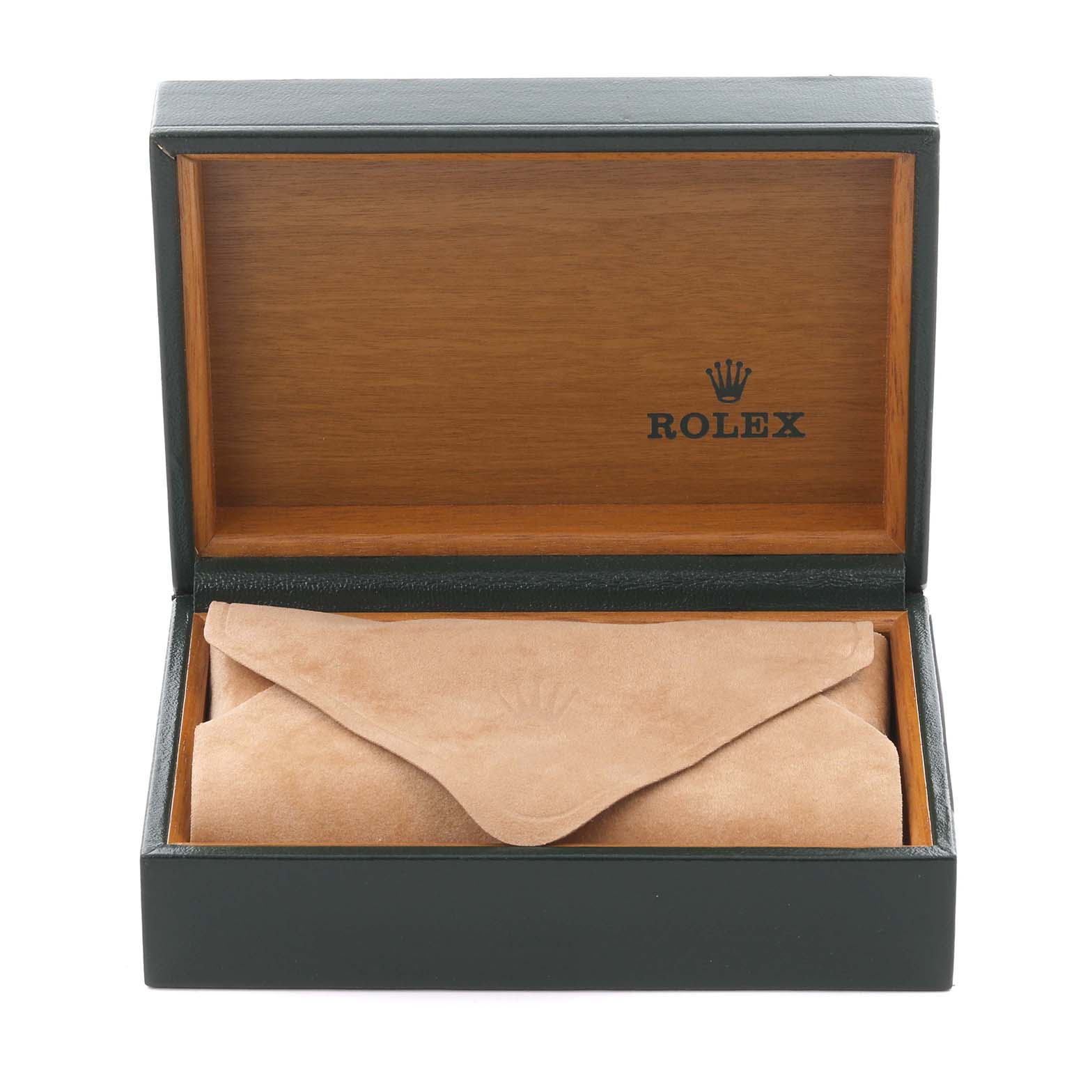 The image shows an open box for the Rolex Date 15000 Men's Stainless Steel Silver Dial 15000 Men's Stainless Steel Silver Dial model, with a suede watch pouch inside.