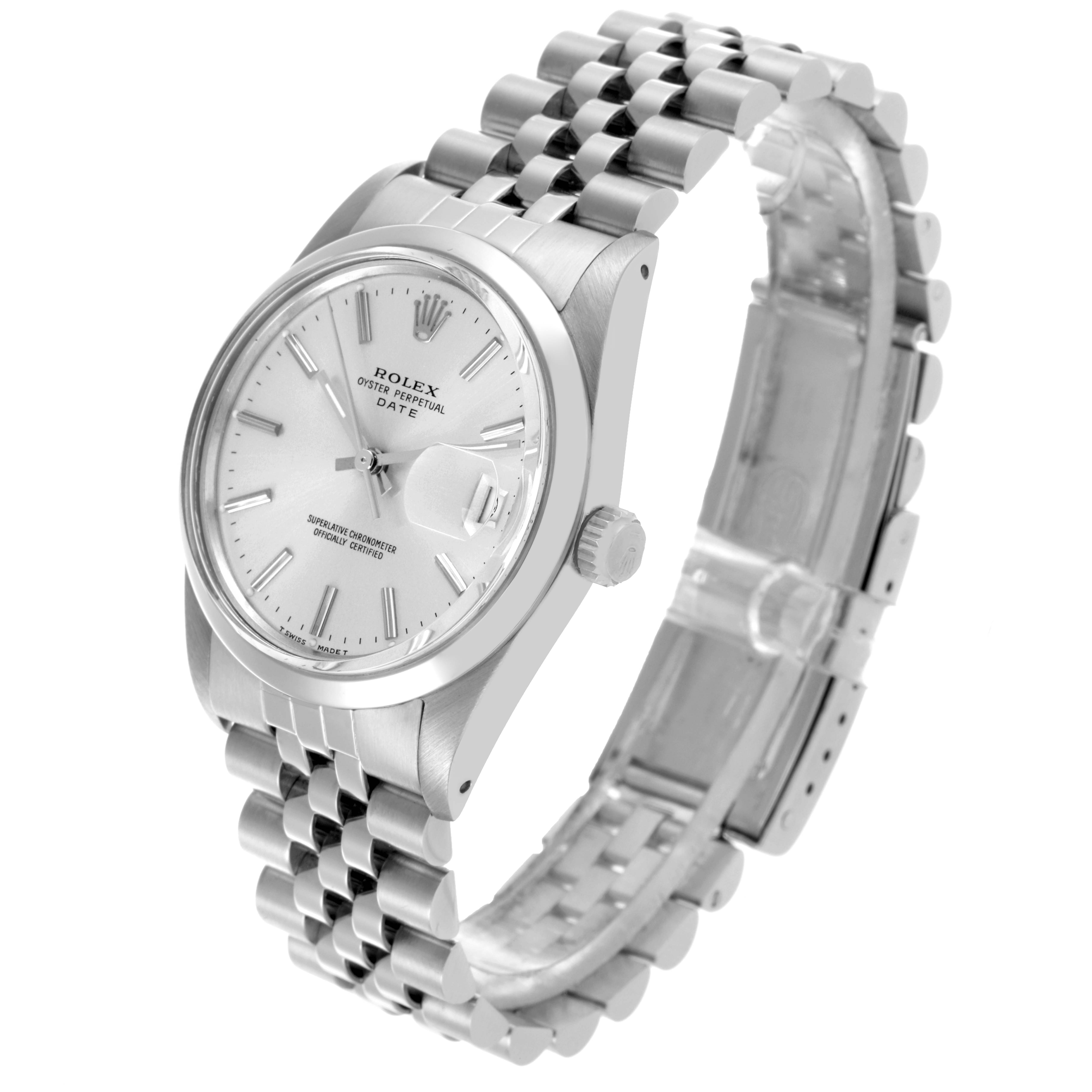 The Rolex Date 15000 Men's Stainless Steel Silver Dial 15000 Men's Stainless Steel Silver Dial watch is shown at a tilted angle, displaying its face, crown, and Jubilee bracelet.