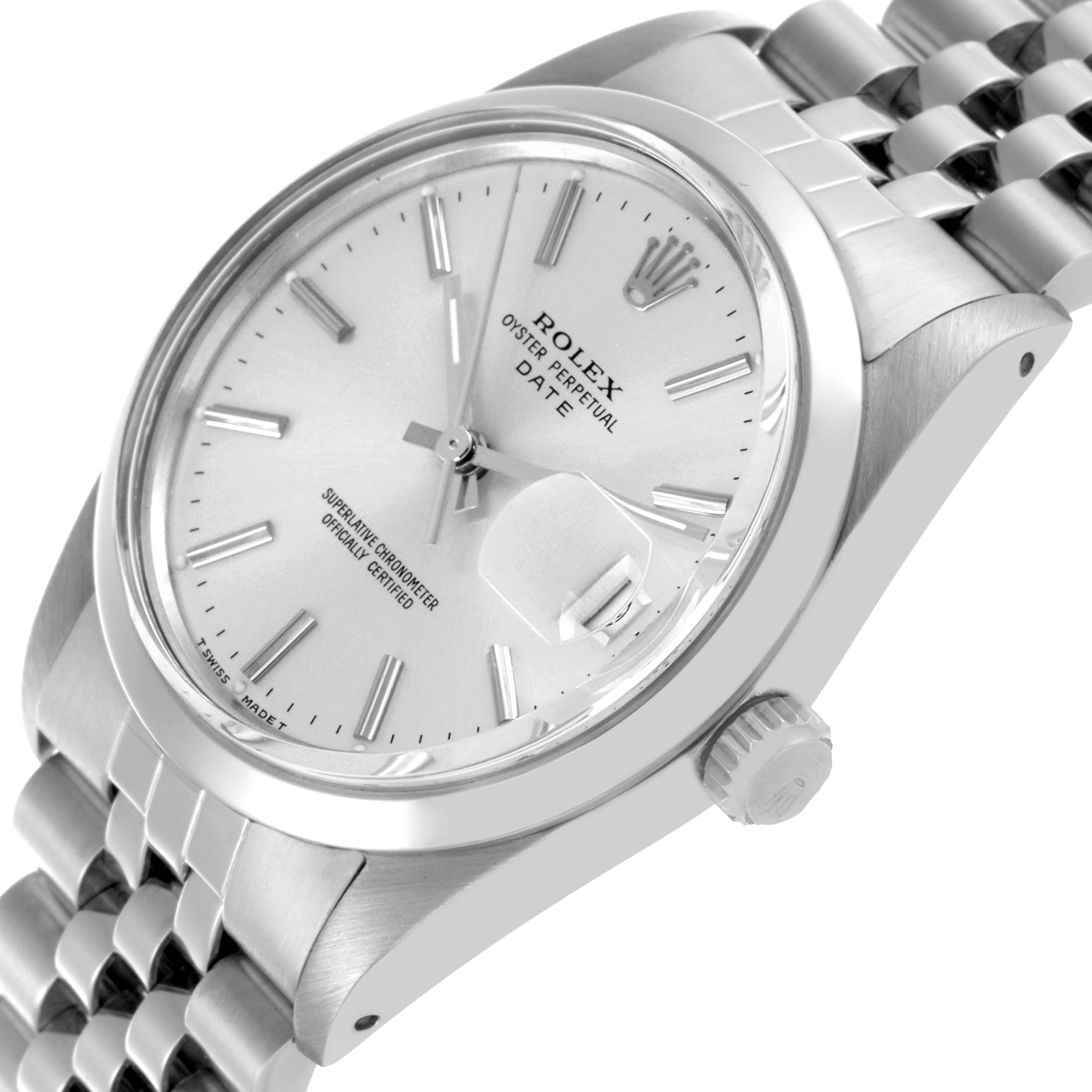 The Rolex Date 15000 Men's Stainless Steel Silver Dial 15000 Men's Stainless Steel Silver Dial watch is shown at an angle highlighting the face, crown, and partial bracelet.