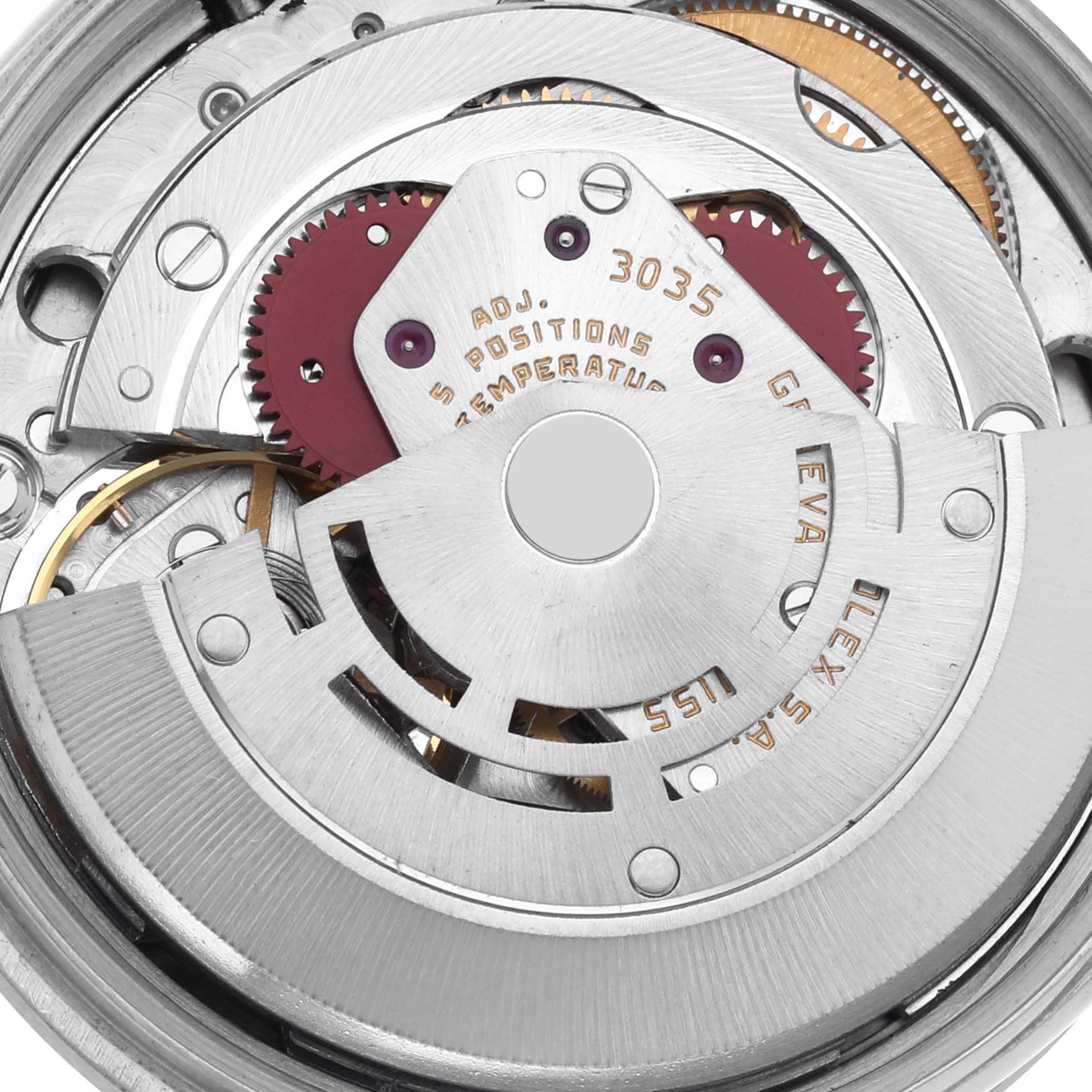 The image shows a close-up of the Rolex Date 15000 Men's Stainless Steel Silver Dial 15000 Men's Stainless Steel Silver Dial model movement, featuring the rotor and gears.