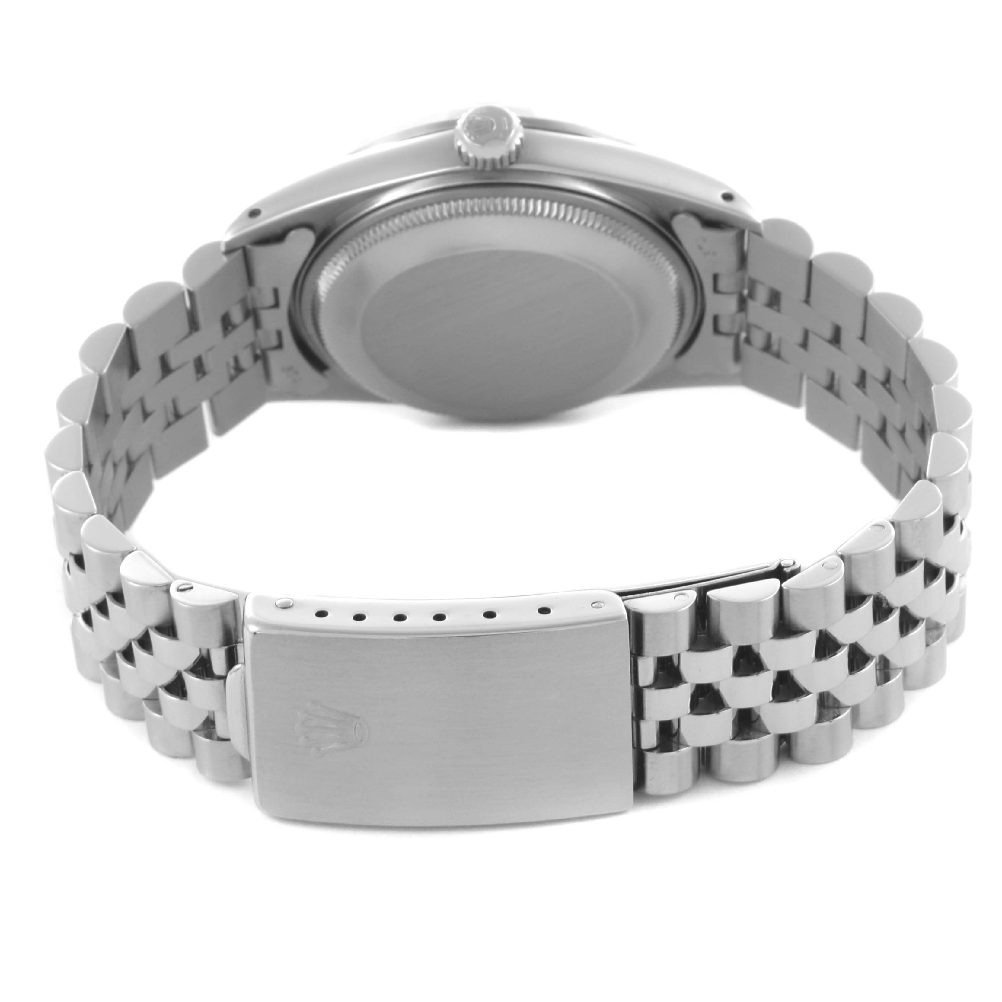 The image shows the back of a Rolex Date 15000 Men's Stainless Steel Silver Dial 15000 Men's Stainless Steel Silver Dial model, highlighting the closed clasp and Jubilee bracelet.