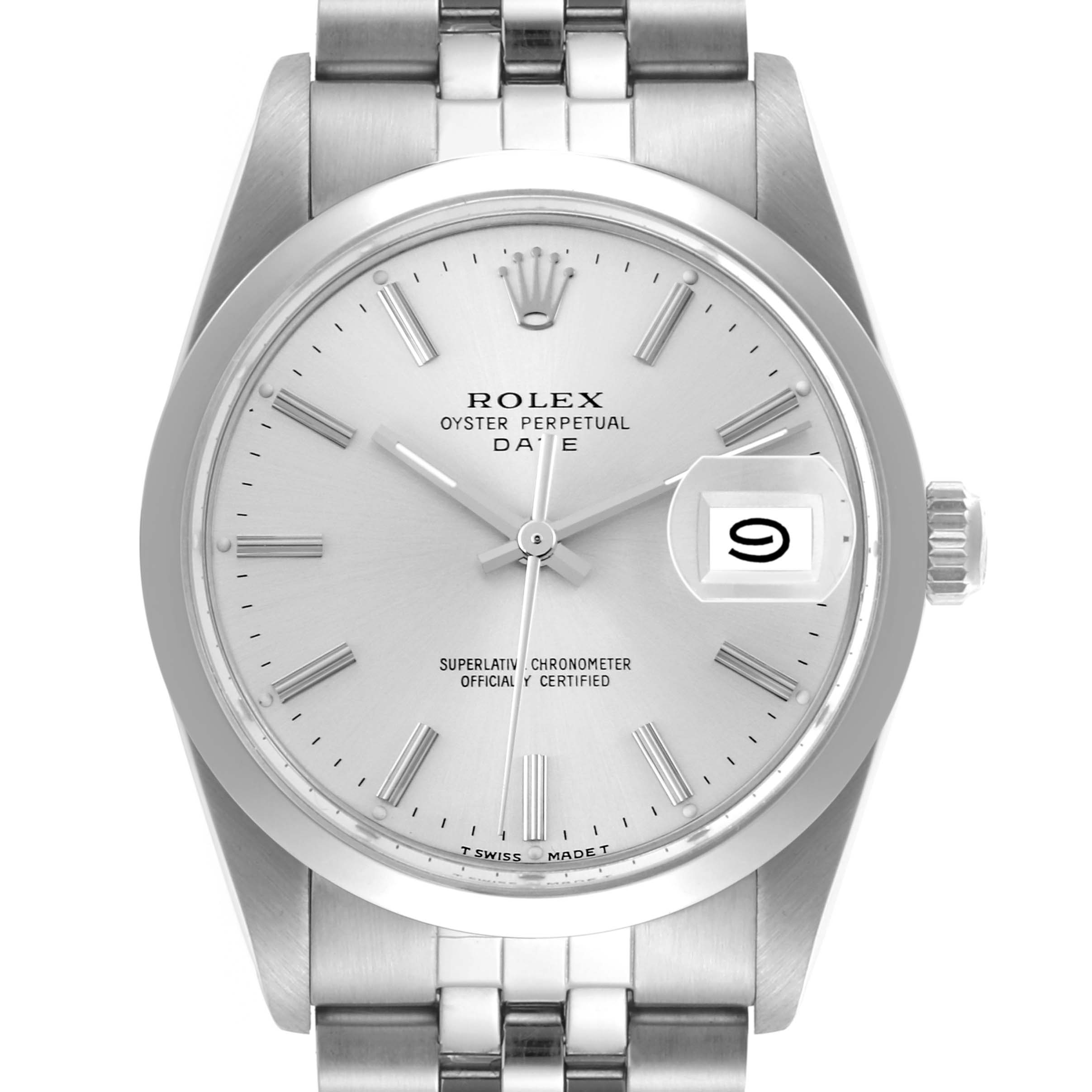 The Rolex Date 15000 Men's Stainless Steel Silver Dial 15000 Men's Stainless Steel Silver Dial model is shown from a front angle, displaying the dial, hands, bracelet, and date window.