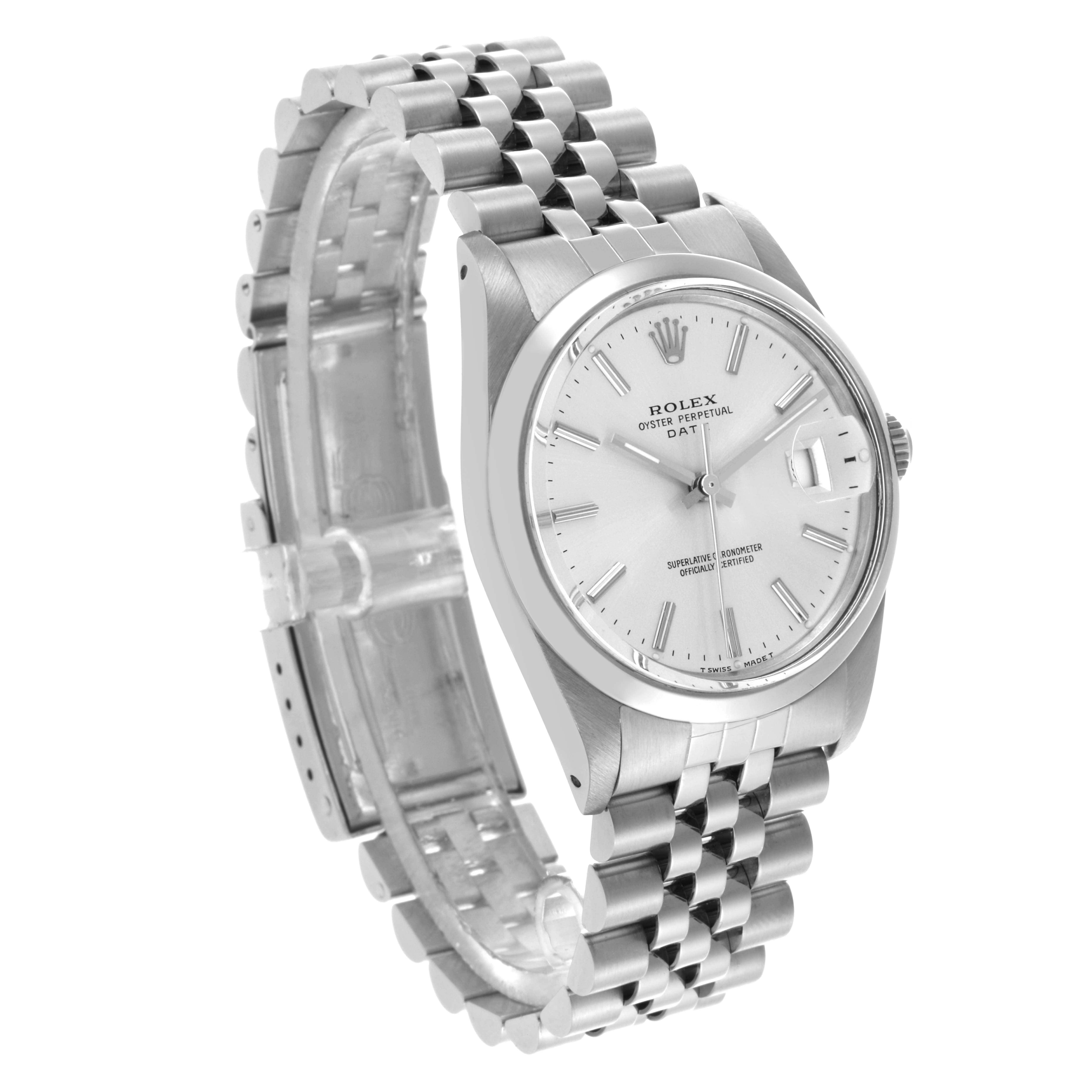 The Rolex Date 15000 Men's Stainless Steel Silver Dial 15000 Men's Stainless Steel Silver Dial model is shown at an angle highlighting the face, bracelet, and side, showcasing the clasp and crown.