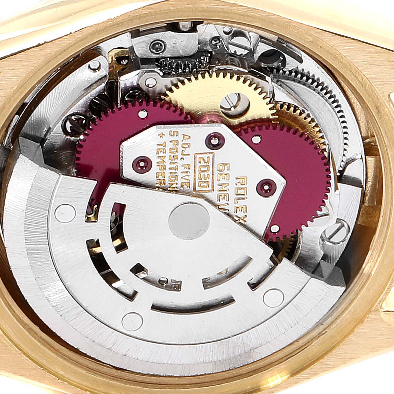 The image shows an internal mechanism and movement components of a Rolex President 6916 Women's Yellow Gold Champagne Dial 6916 Women's Yellow Gold Champagne Dial model watch from a top angle.