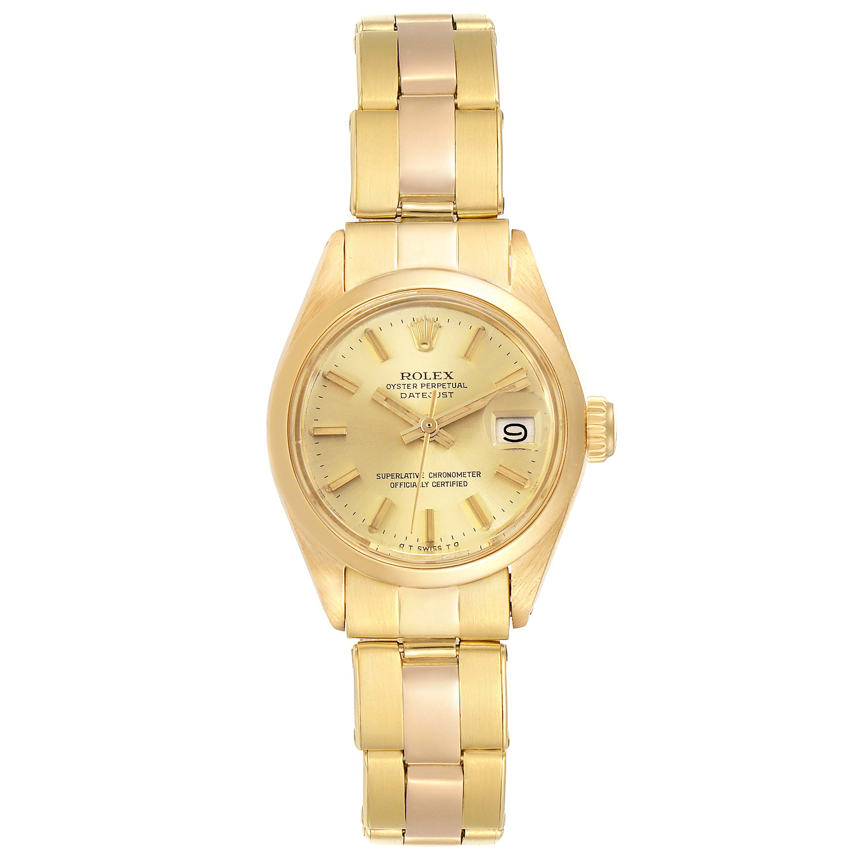 The image shows a full frontal view of the Rolex President 6916 Women's Yellow Gold Champagne Dial 6916 Women's Yellow Gold Champagne Dial model watch, highlighting the dial, bezel, crown, and bracelet.
