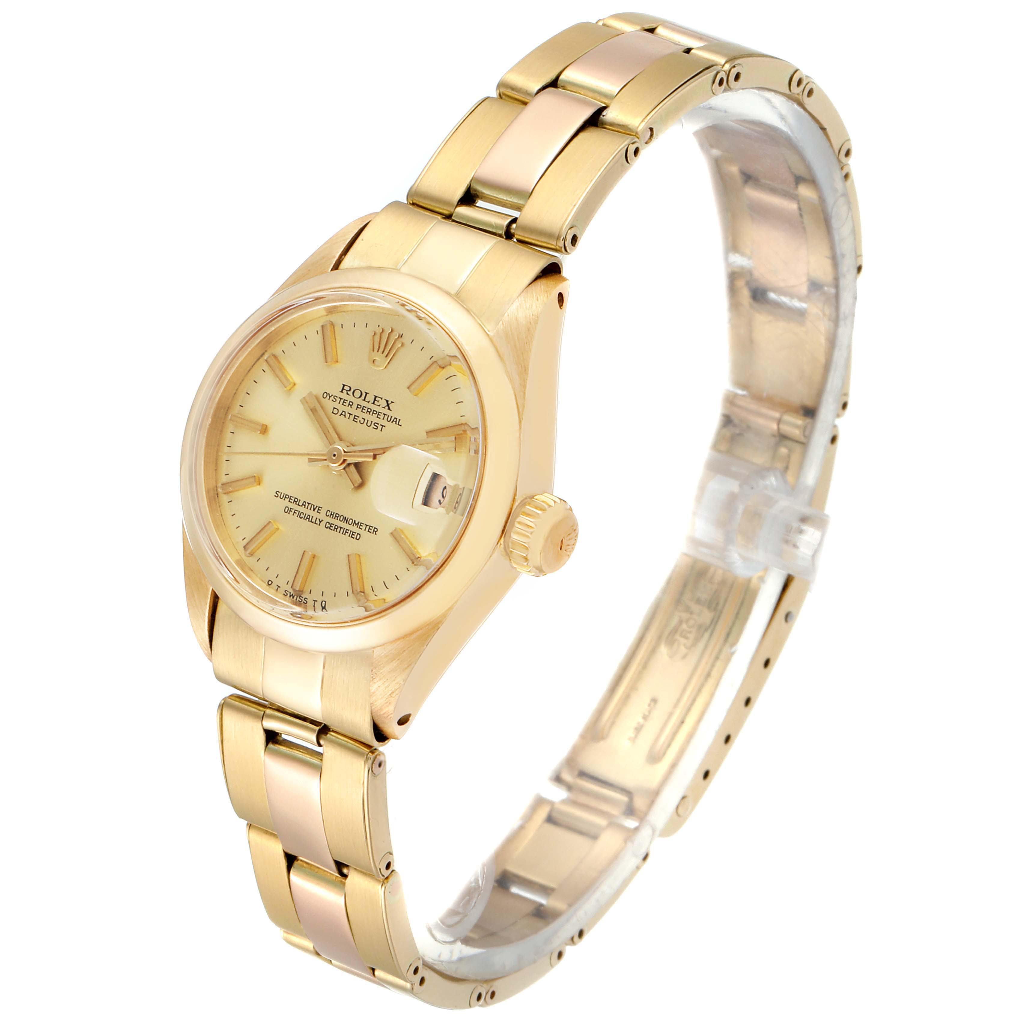 The image shows the side angle of a Rolex President 6916 Women's Yellow Gold Champagne Dial 6916 Women's Yellow Gold Champagne Dial watch, displaying the dial, crown, and bracelet.