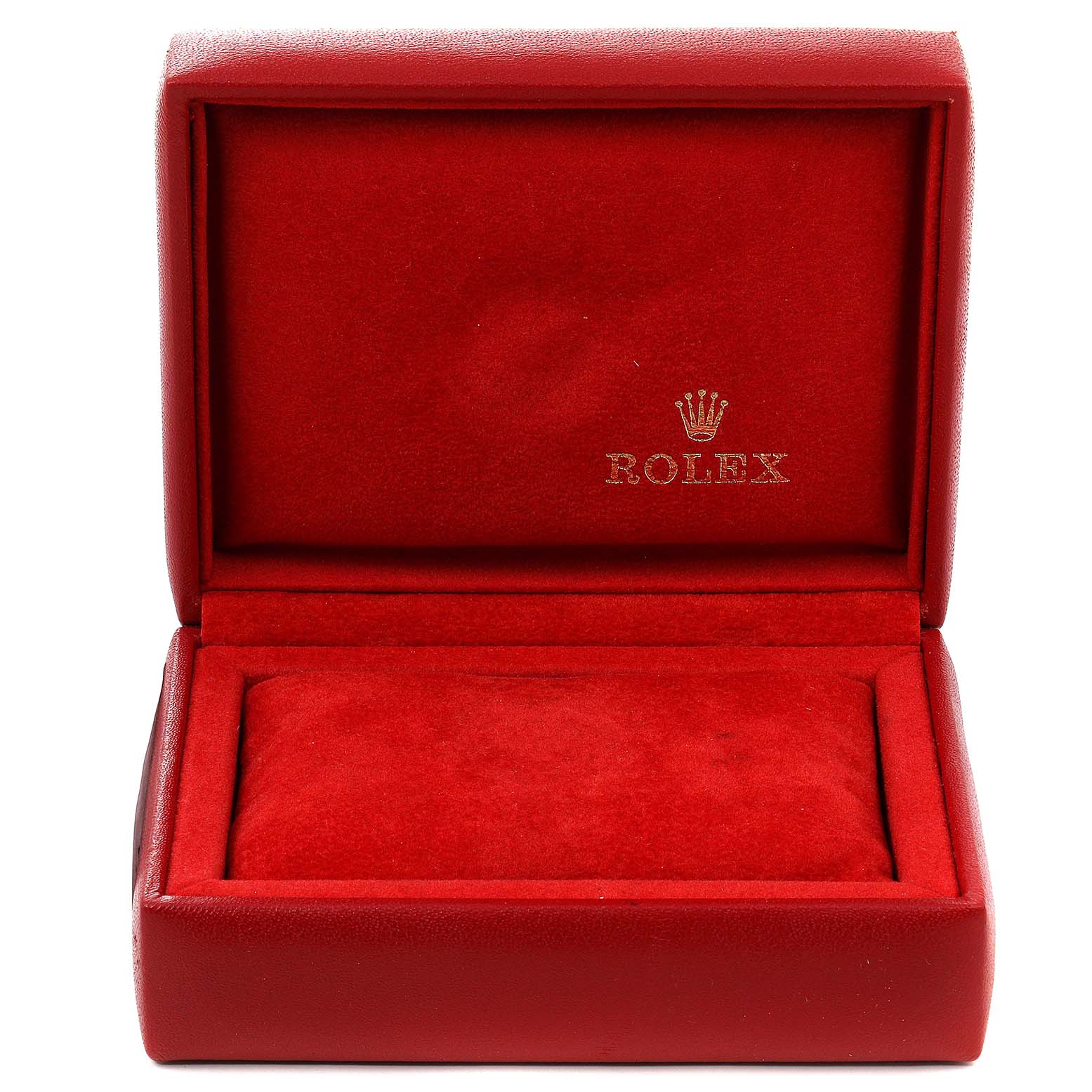 The image shows an open red watch box for a Rolex President 6916 Women's Yellow Gold Champagne Dial 6916 Women's Yellow Gold Champagne Dial model, with the Rolex logo inside.