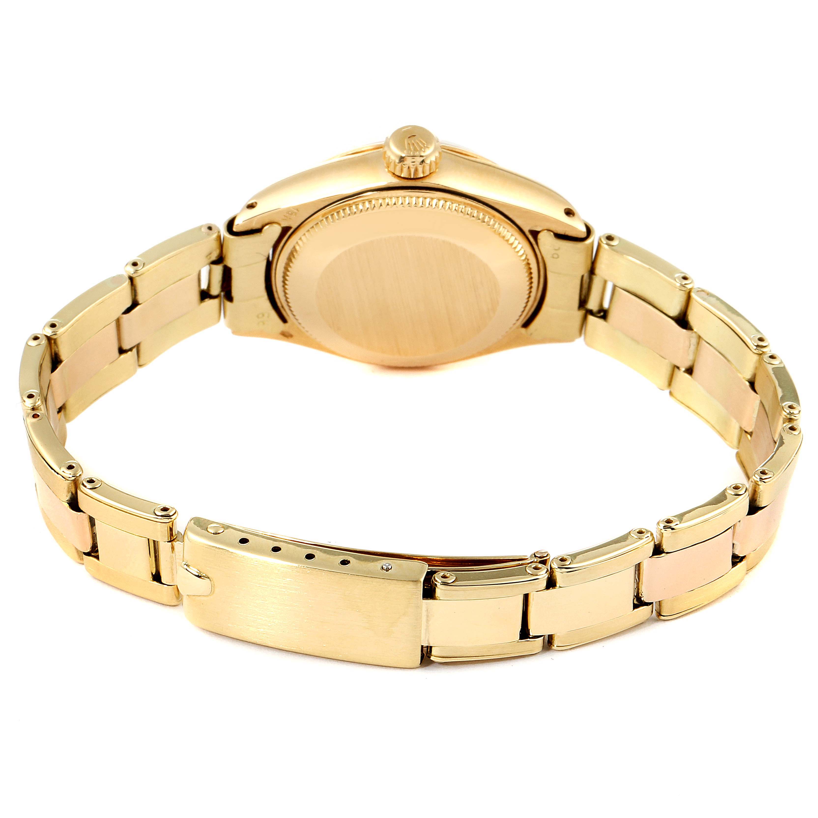 The image shows the back and bracelet of a Rolex President 6916 Women's Yellow Gold Champagne Dial 6916 Women's Yellow Gold Champagne Dial model watch.